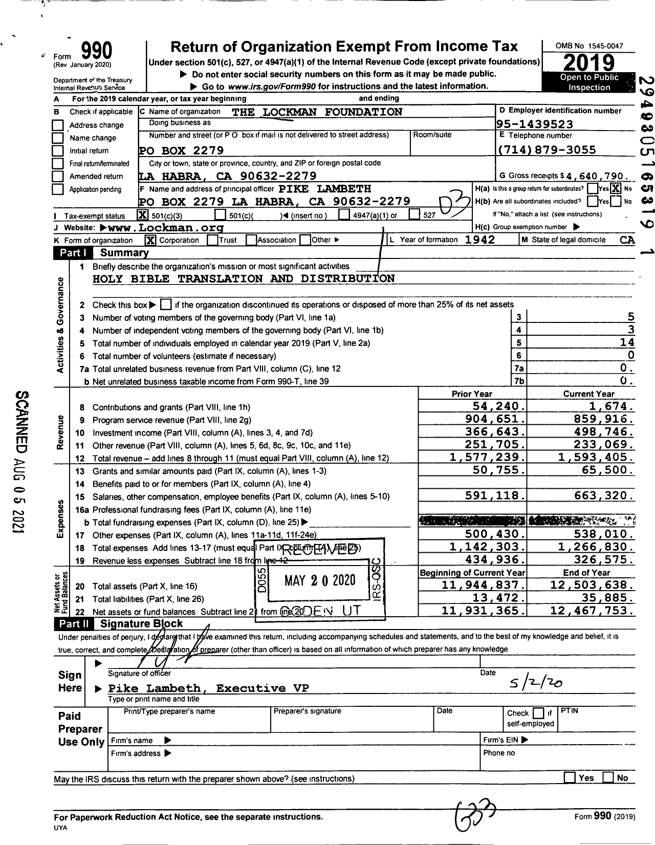 Image of first page of 2019 Form 990 for Lockman Foundation