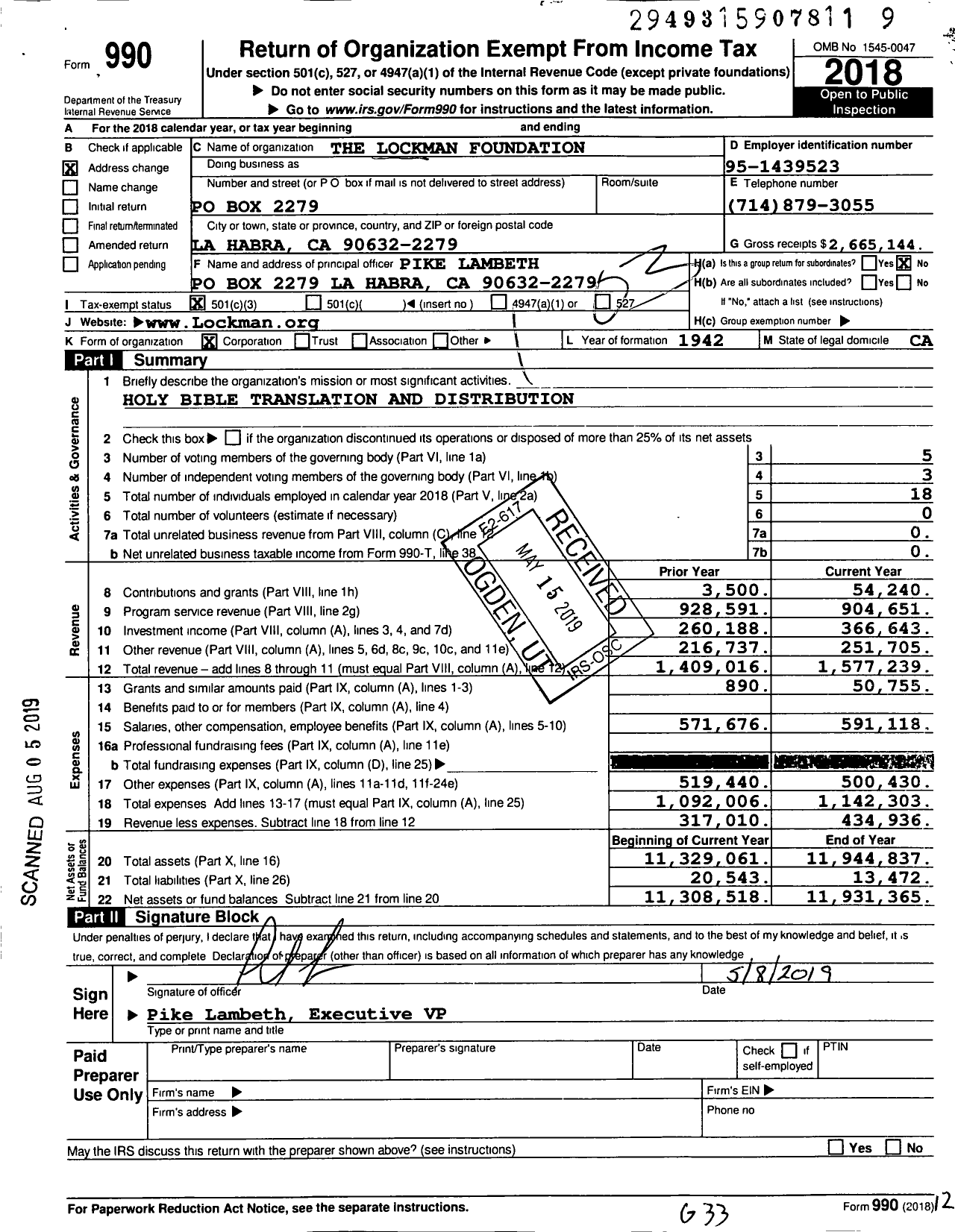 Image of first page of 2018 Form 990 for Lockman Foundation