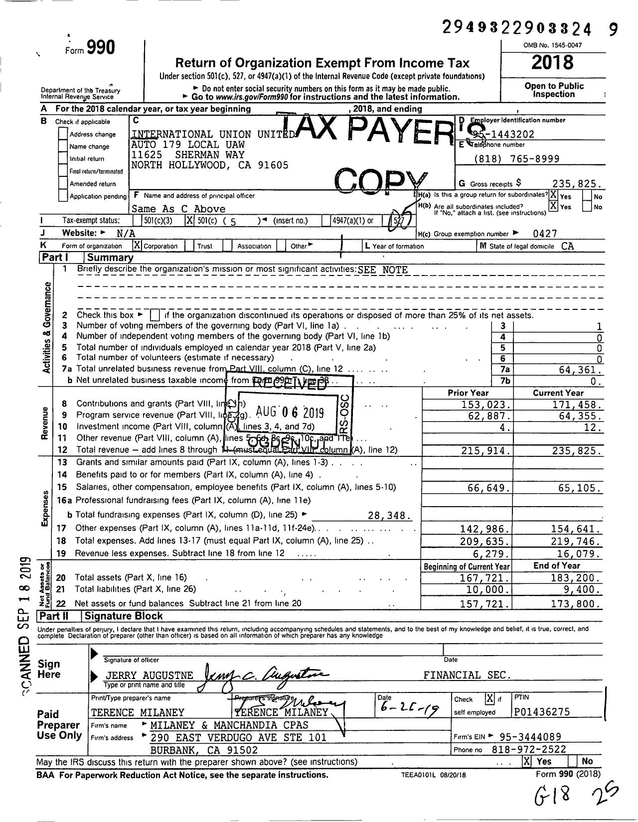 Image of first page of 2018 Form 990O for Uaw - 179 Local Uaw