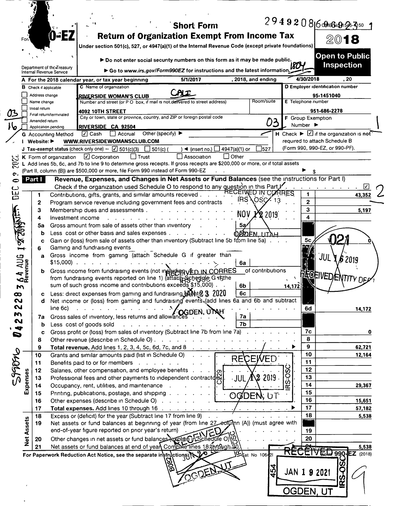 Image of first page of 2017 Form 990EZ for California Federation of Women's Clubs - Riverside Womans Club