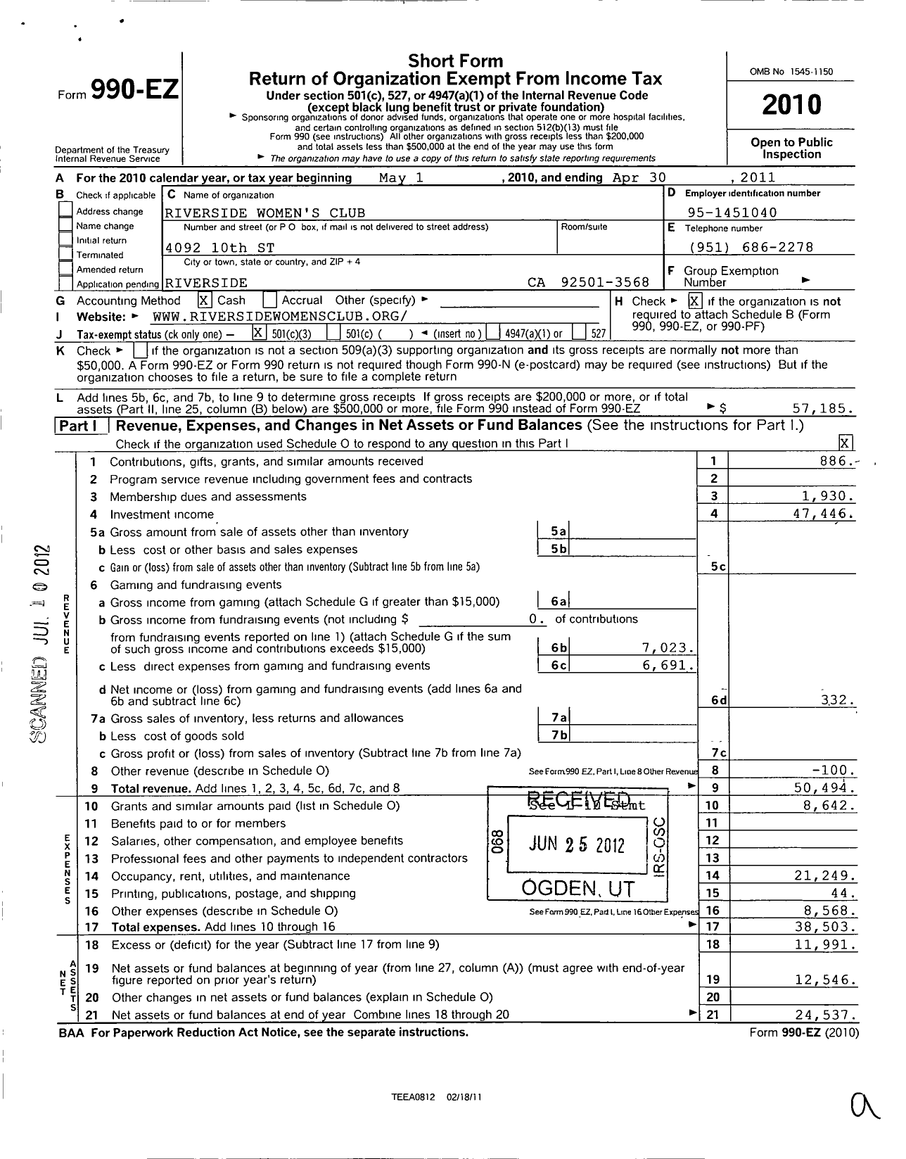 Image of first page of 2010 Form 990EZ for California Federation of Women's Clubs - Riverside Womans Club