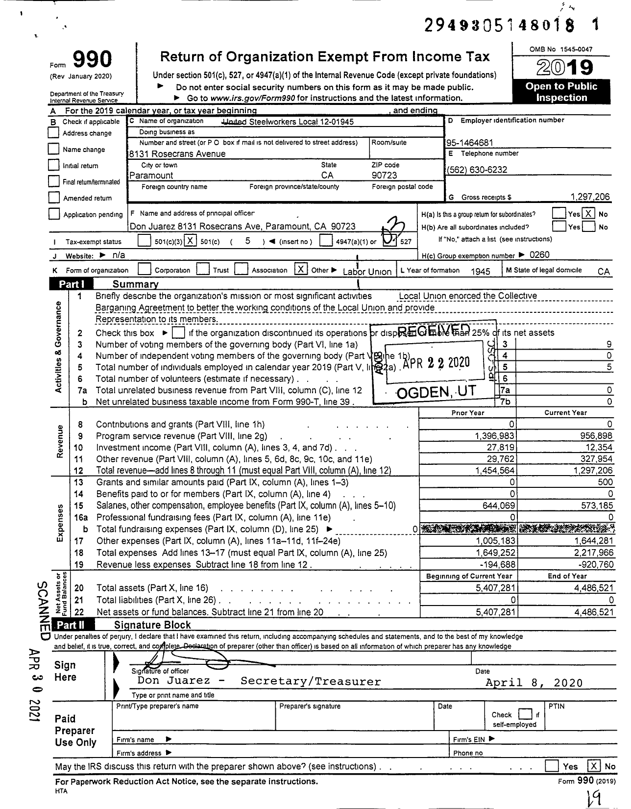 Image of first page of 2019 Form 990 for United Steelworkers - United Steelworkers Local 12-01945