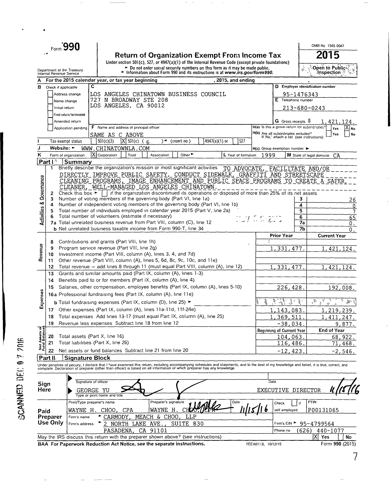Image of first page of 2015 Form 990O for Los Angeles Chinatown Business Council