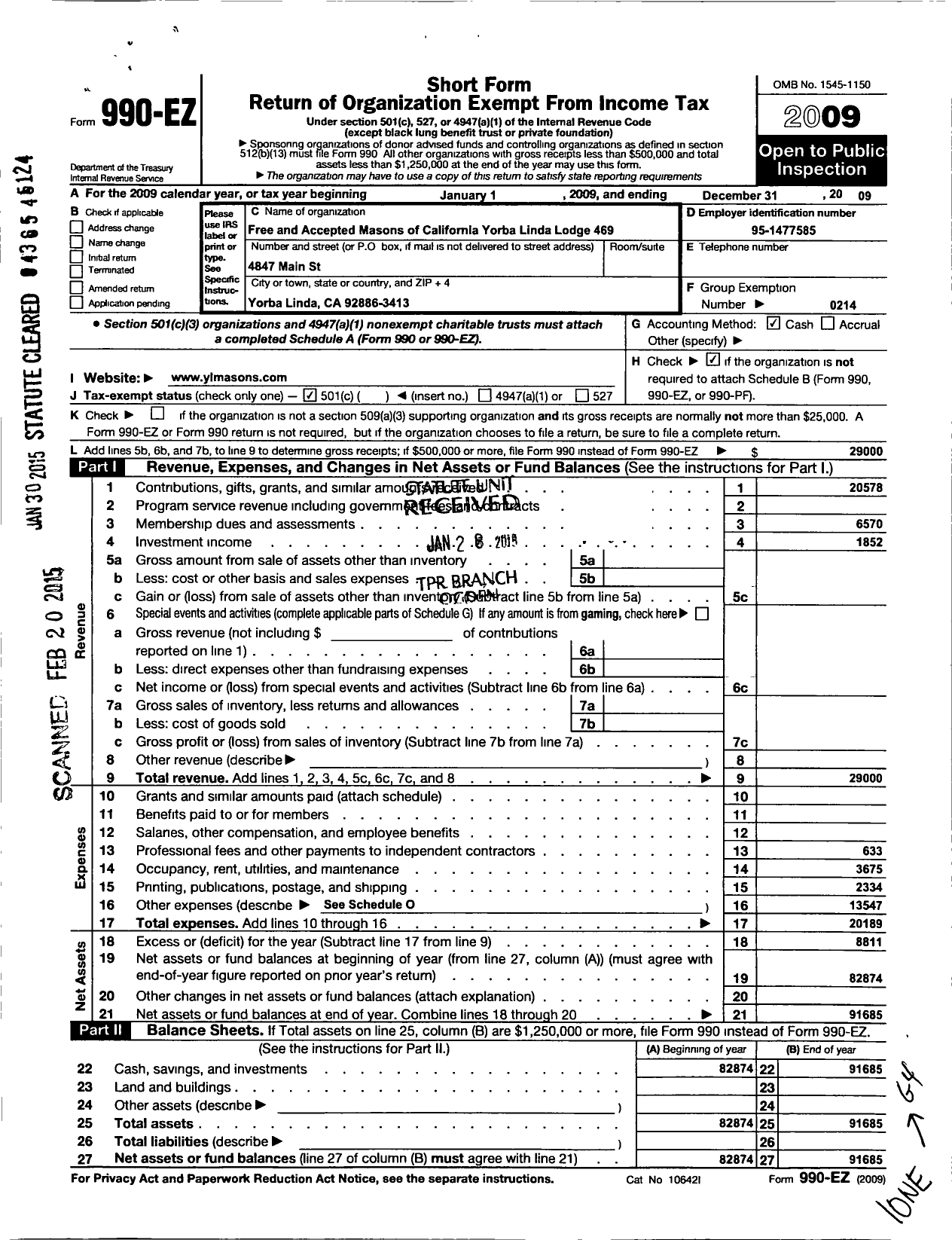 Image of first page of 2009 Form 990EO for Free and Accepted Masons of California Yorba Linda 469