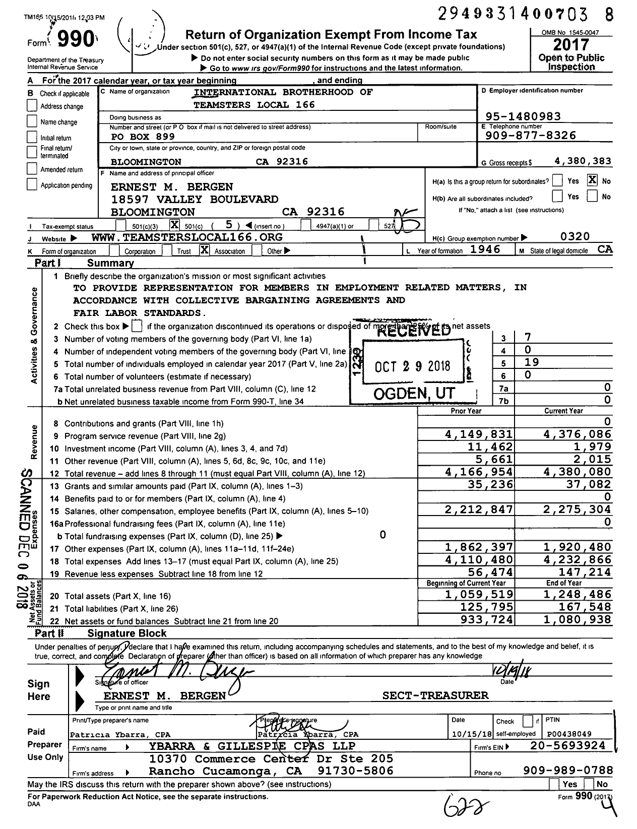 Image of first page of 2017 Form 990O for Teamsters - 166 TCWH
