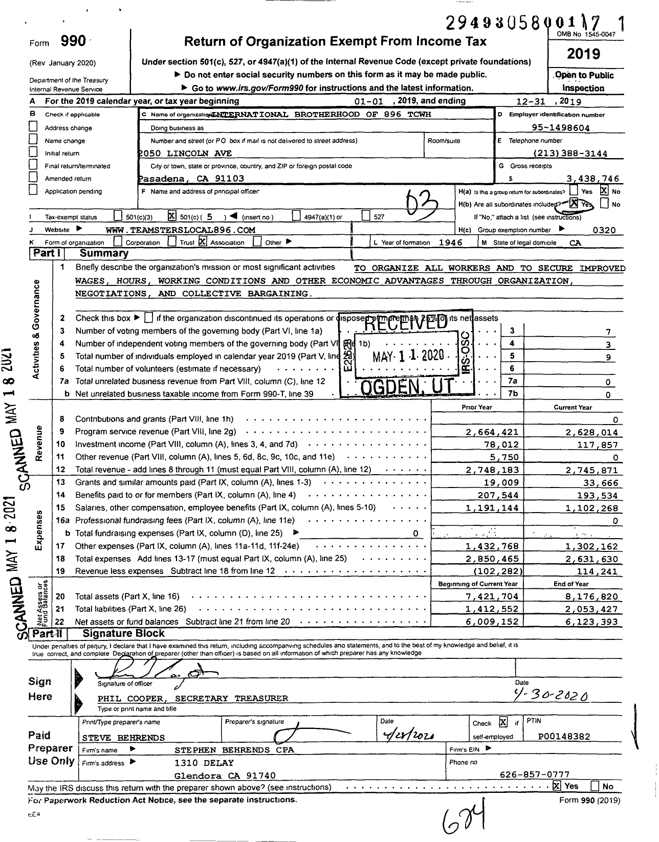 Image of first page of 2019 Form 990 for Teamsters - 896 TCWH