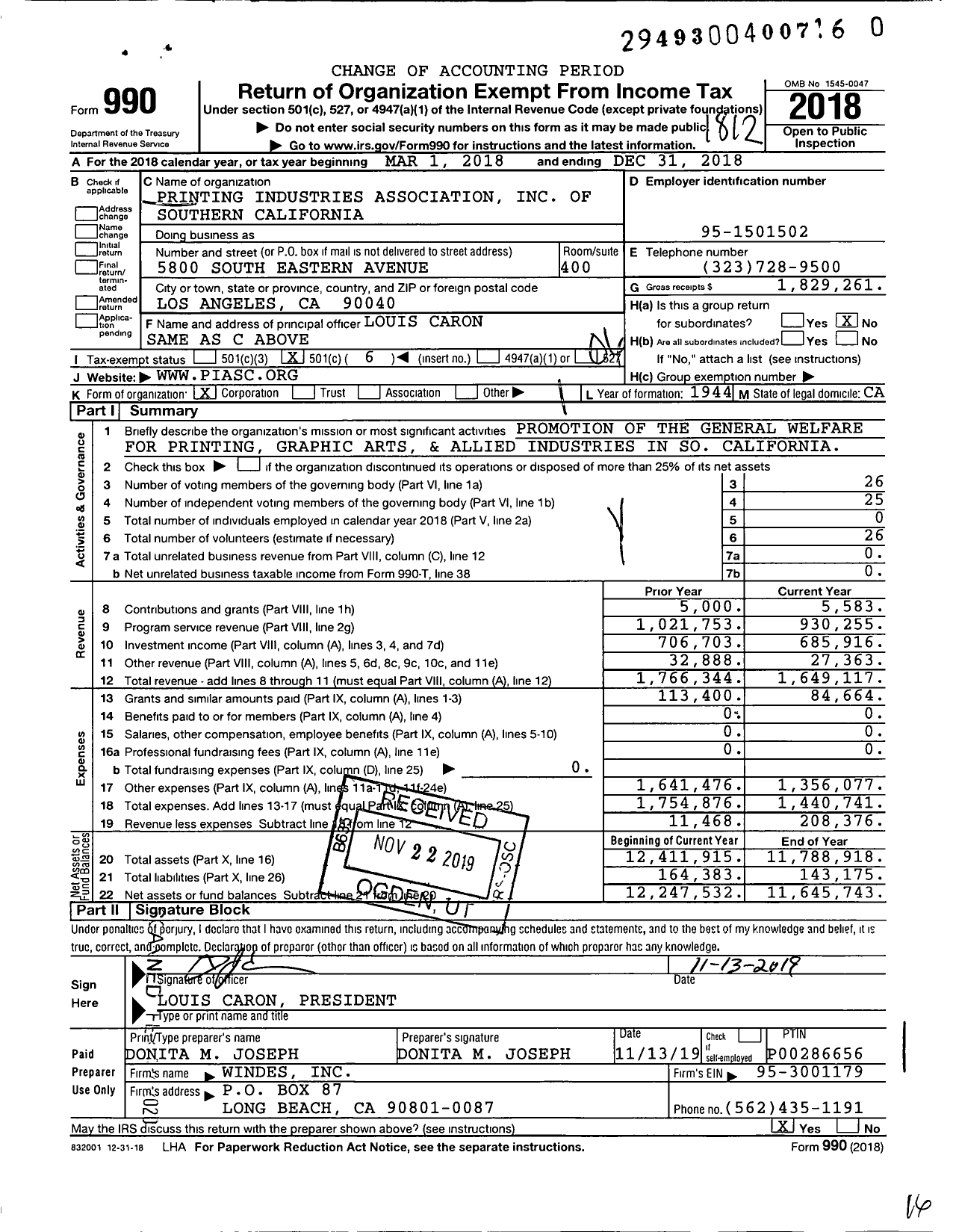 Image of first page of 2018 Form 990O for Printing Industries Association of Southern California (PIASC)