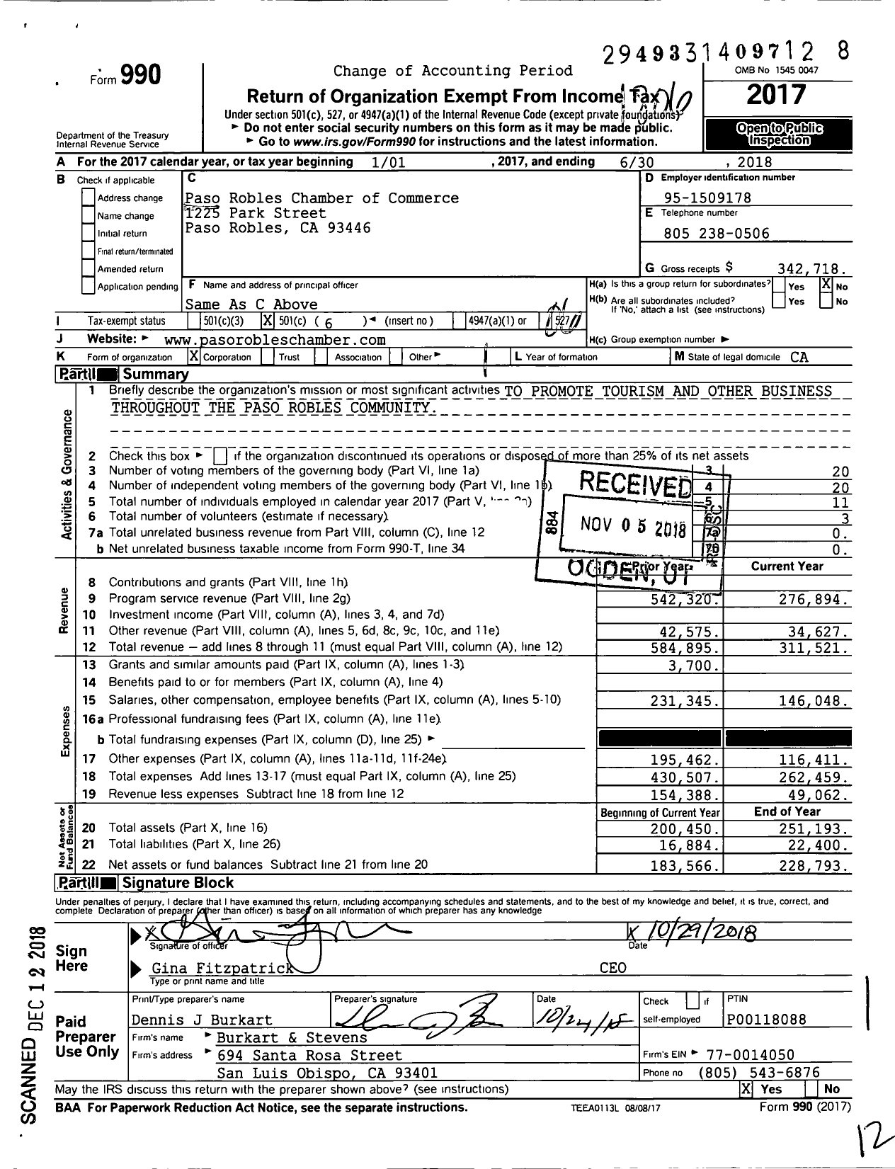 Image of first page of 2017 Form 990O for Paso Robles Chamber of Commerce