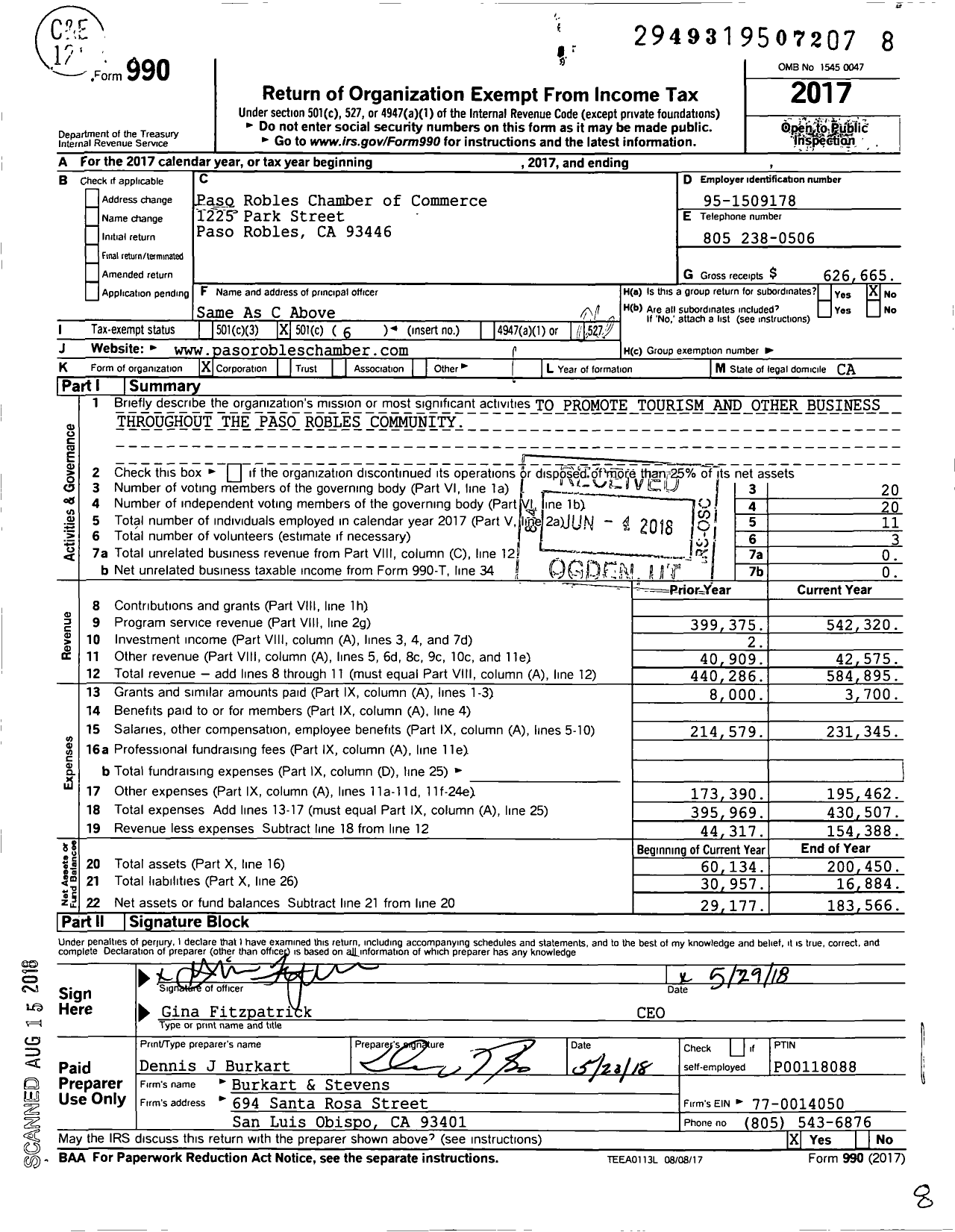 Image of first page of 2017 Form 990O for Paso Robles Chamber of Commerce