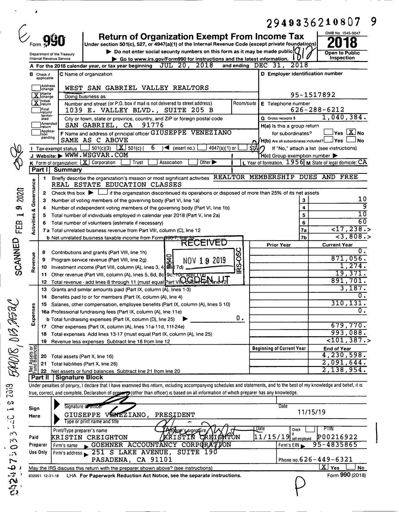 Image of first page of 2018 Form 990O for West San Gabriel Valley Realtors
