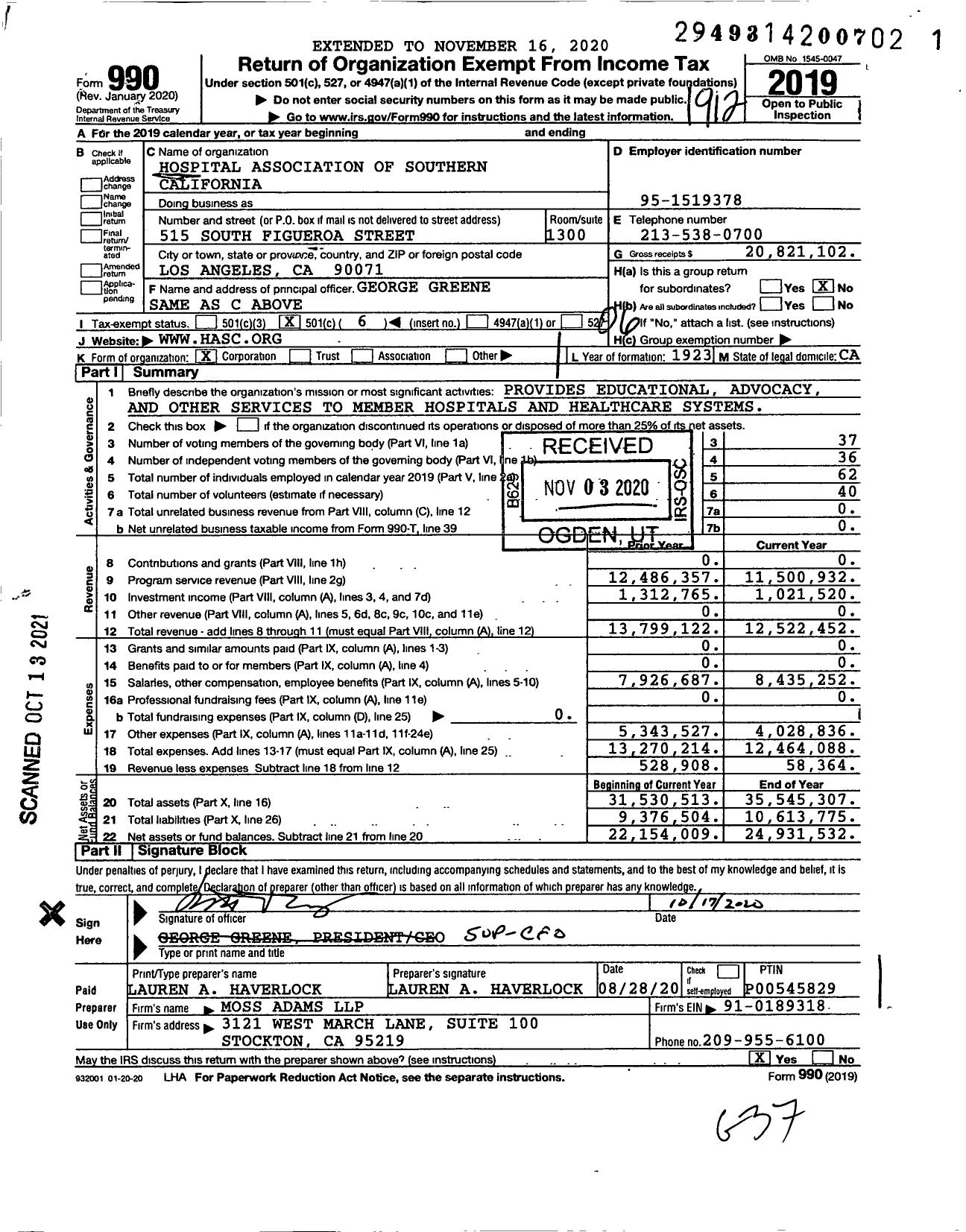 Image of first page of 2019 Form 990O for Hospital Association of Southern California (HASC)