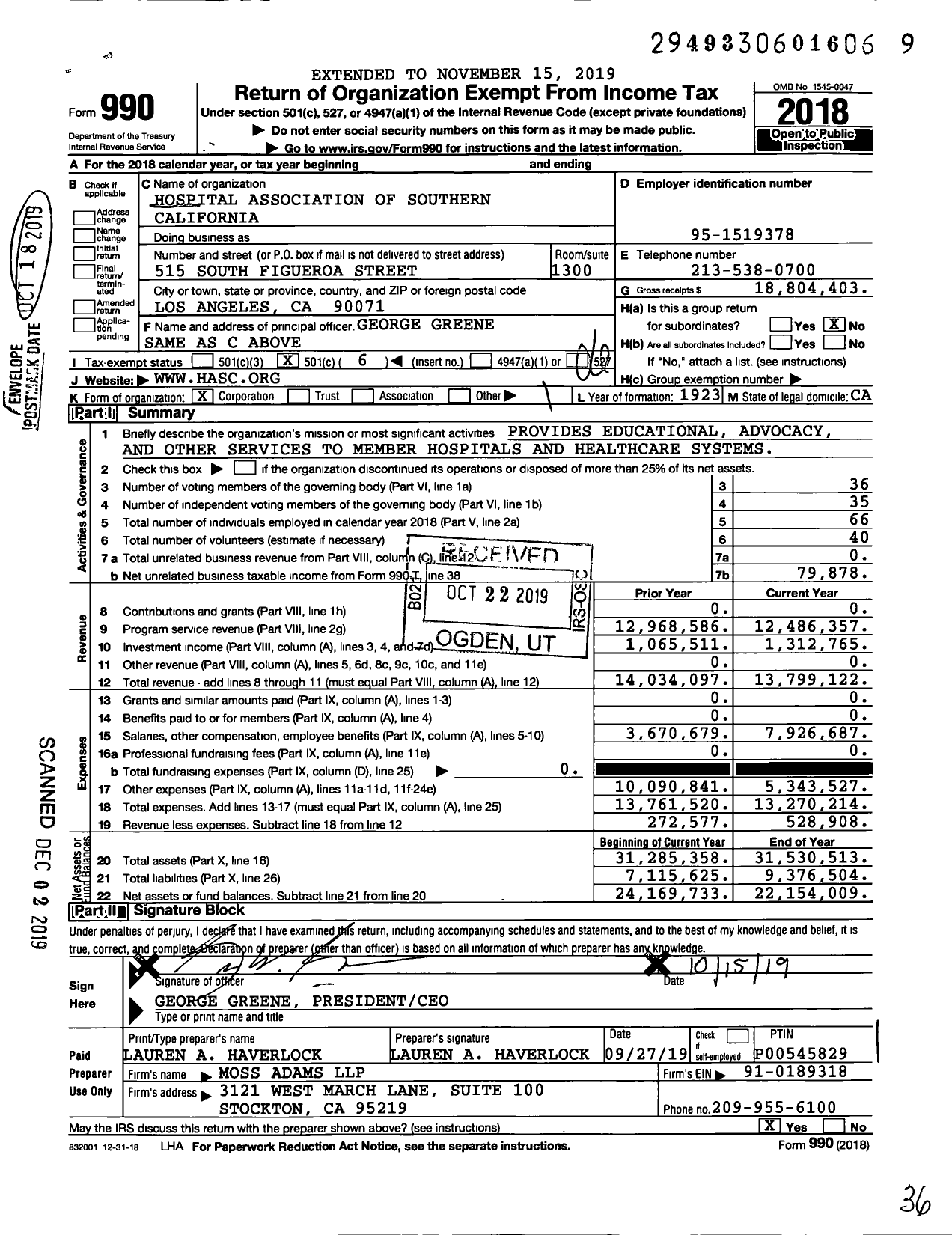 Image of first page of 2018 Form 990O for Hospital Association of Southern California (HASC)