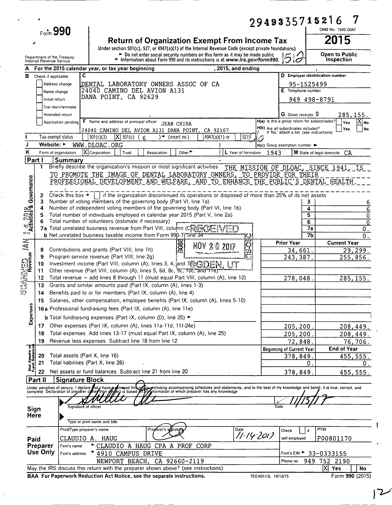 Image of first page of 2015 Form 990O for Dental Laboratory Owners Association of Ca