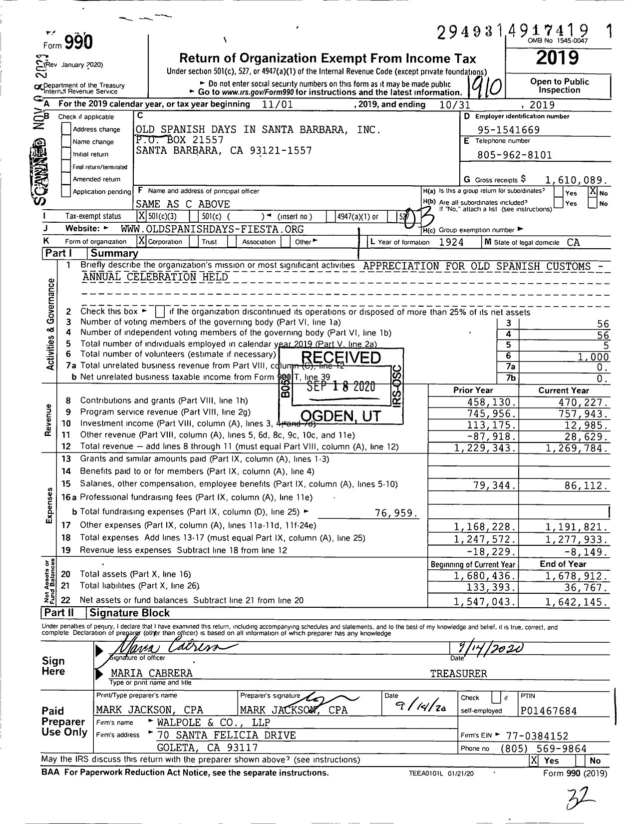 Image of first page of 2018 Form 990 for Old Spanish Days in Santa Barbara