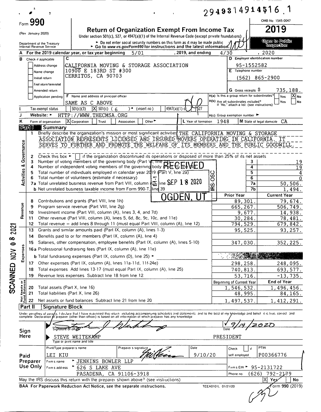 Image of first page of 2019 Form 990O for California Moving and Storage Association (CMSA)