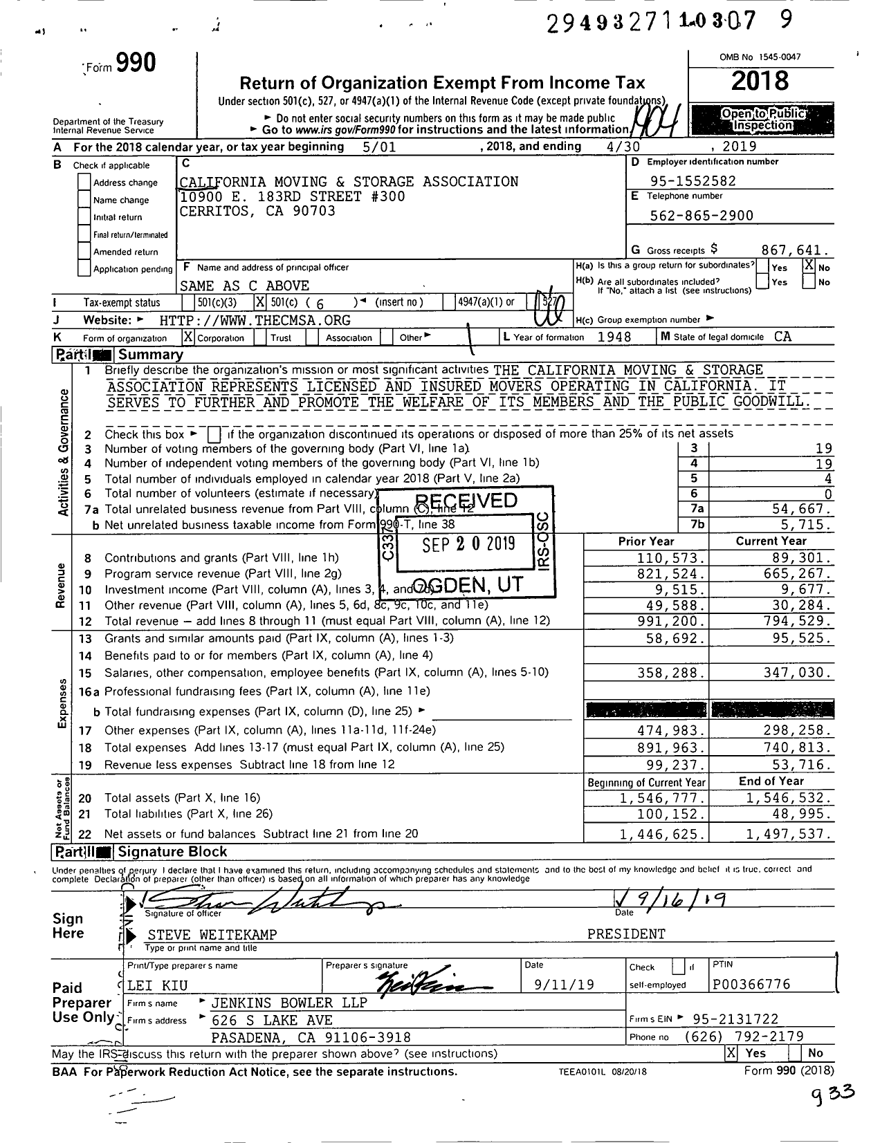 Image of first page of 2018 Form 990O for California Moving and Storage Association (CMSA)