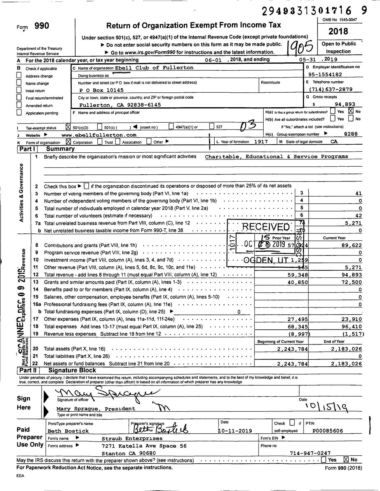 Image of first page of 2018 Form 990 for California Federation of Women's Clubs - Ebell Club of Fullerton