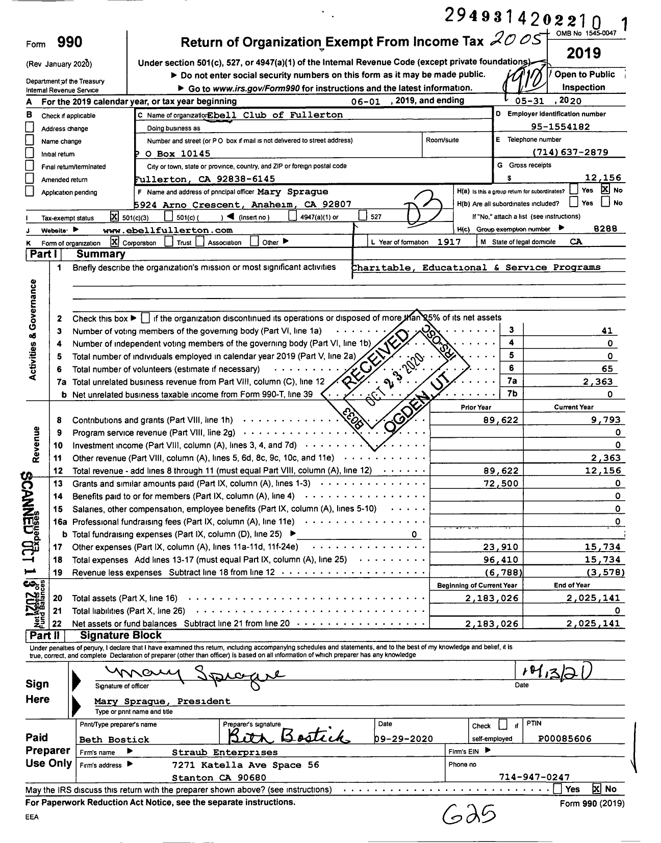 Image of first page of 2019 Form 990 for California Federation of Women's Clubs - Ebell Club of Fullerton