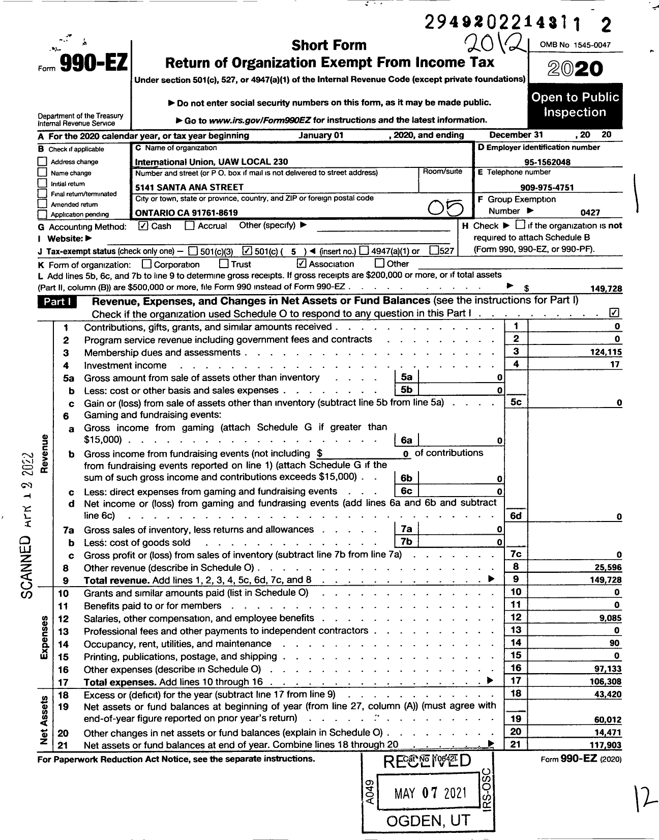 Image of first page of 2020 Form 990EO for UAW - International Union UAW Local 230