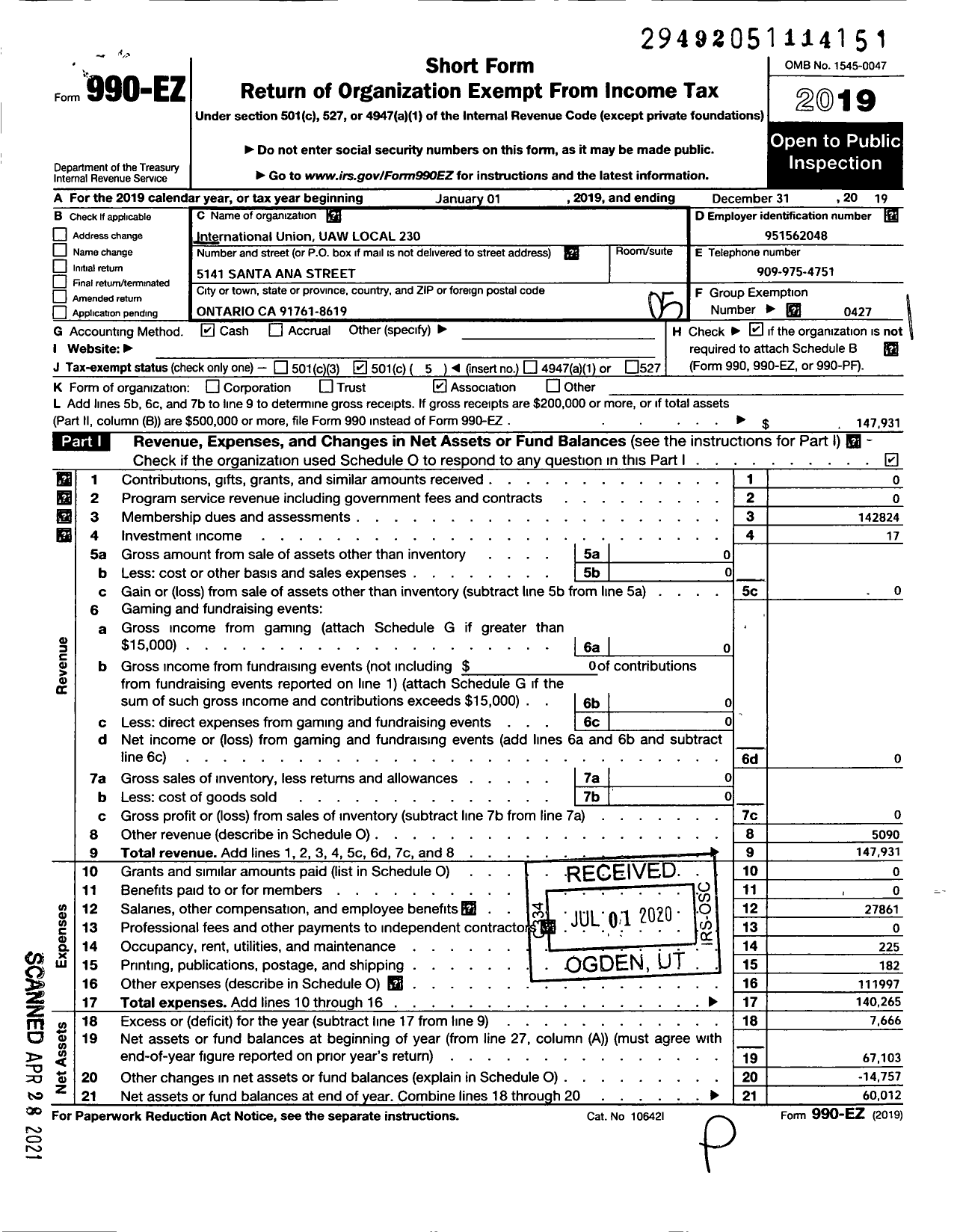 Image of first page of 2019 Form 990EO for UAW - International Union UAW Local 230