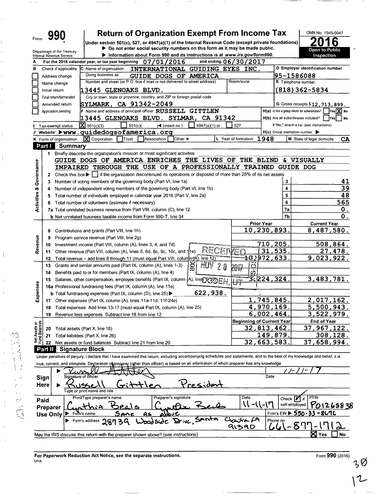 Image of first page of 2016 Form 990 for Guide Dogs of America