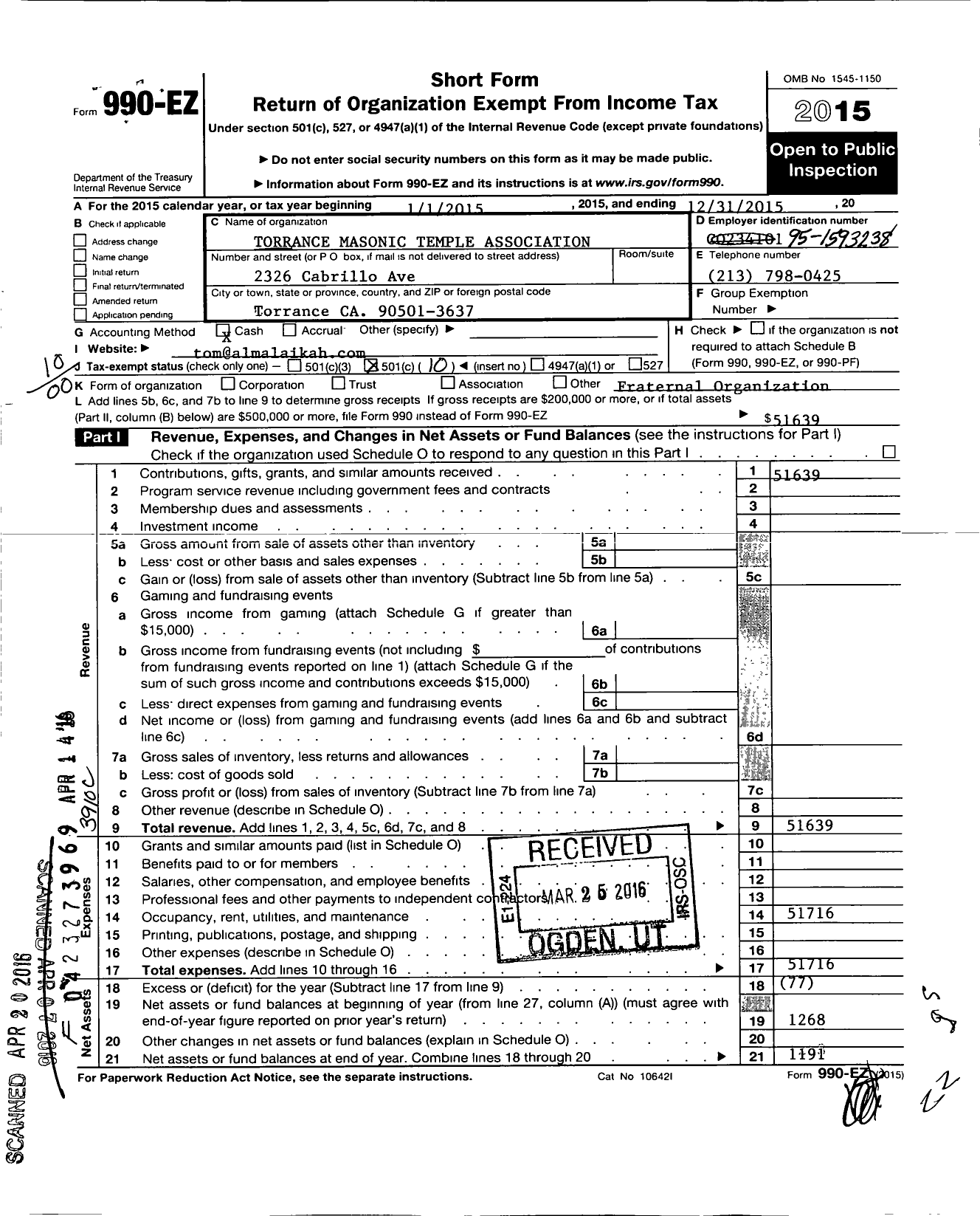 Image of first page of 2015 Form 990EO for Torrance Masonic Temple Association