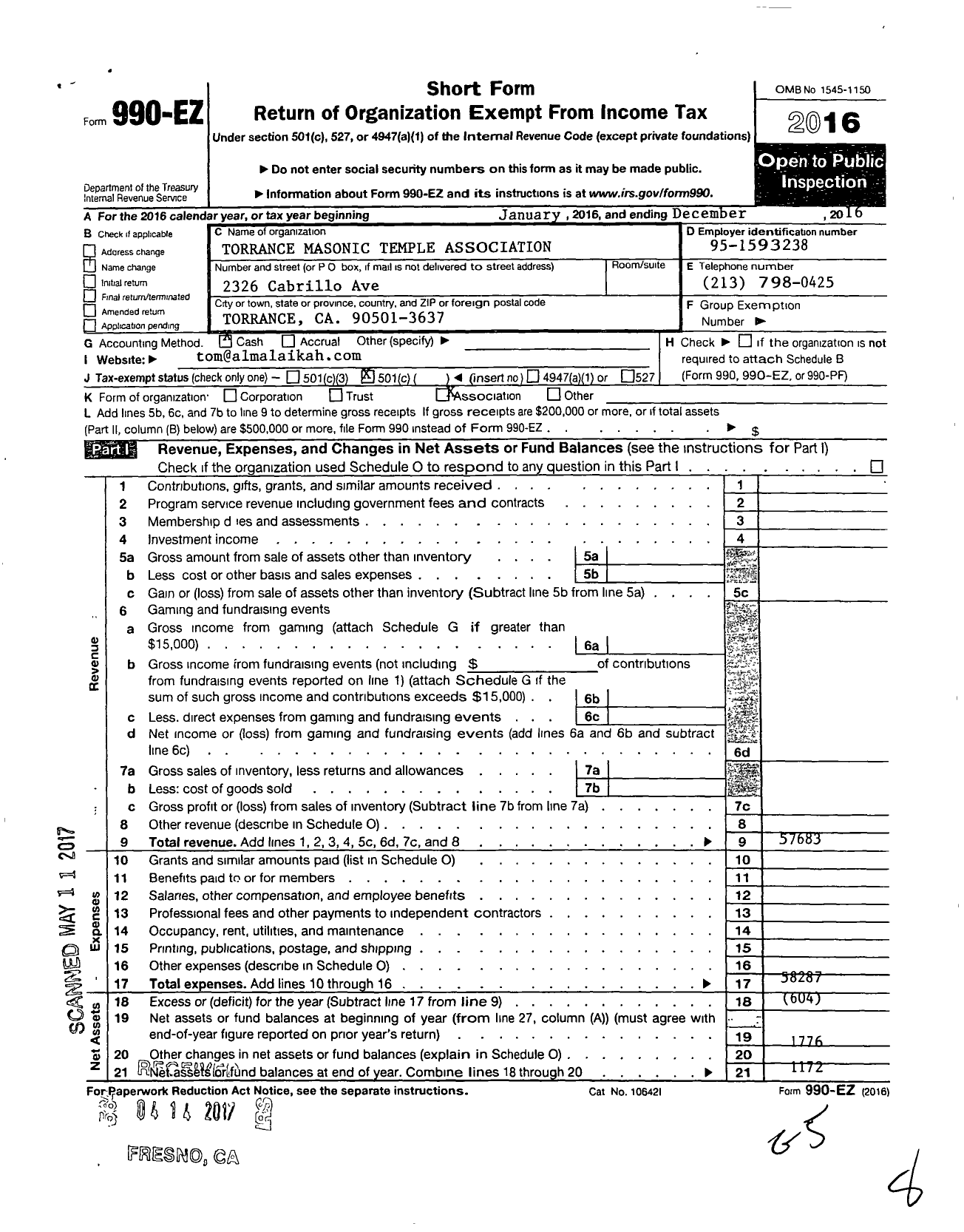 Image of first page of 2016 Form 990EO for Torrance Masonic Temple Association