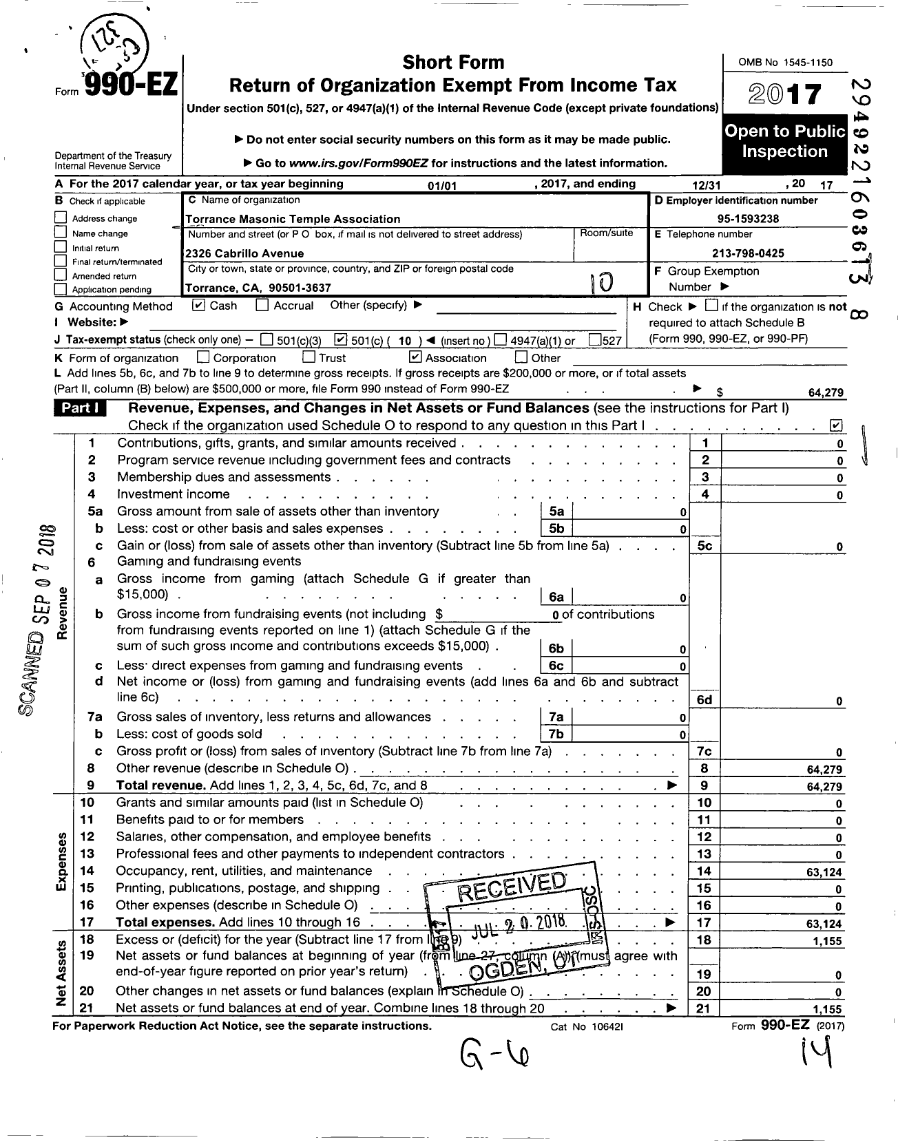 Image of first page of 2017 Form 990EO for Torrance Masonic Temple Association