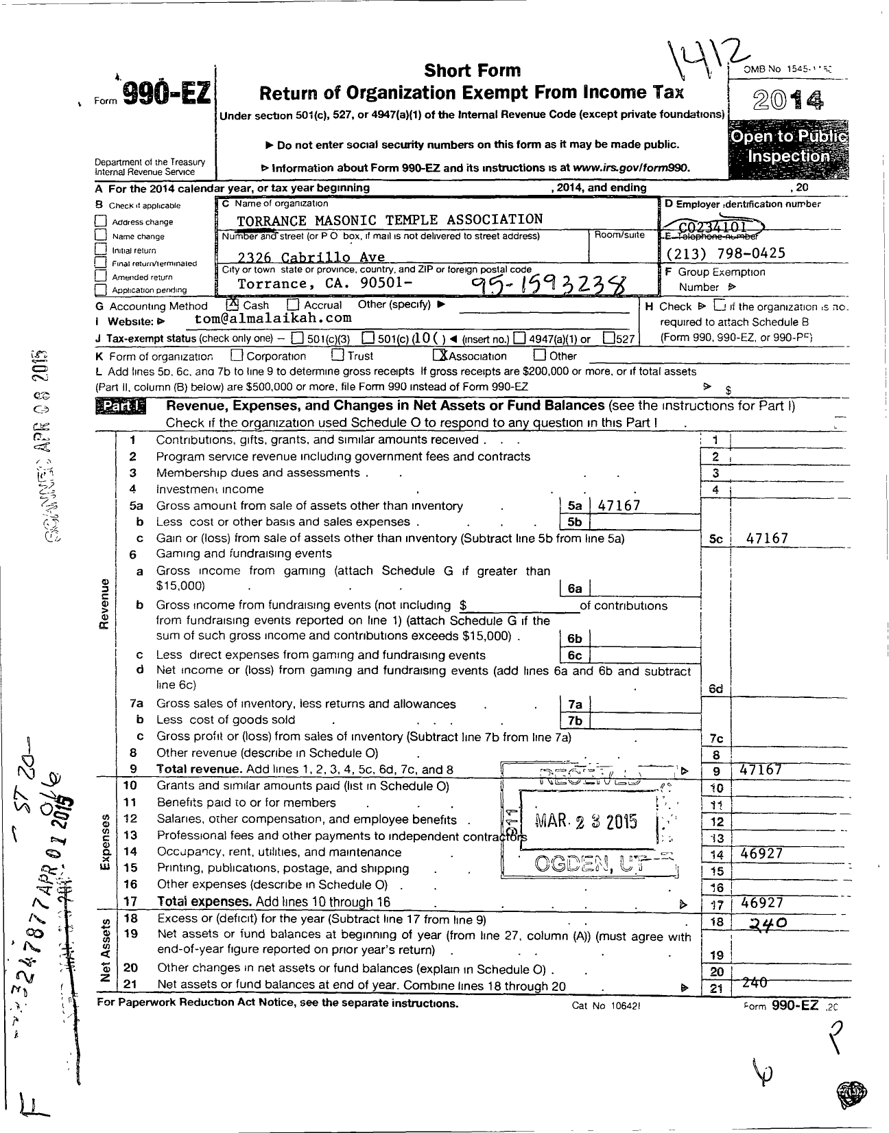 Image of first page of 2014 Form 990EO for Torrance Masonic Temple Association