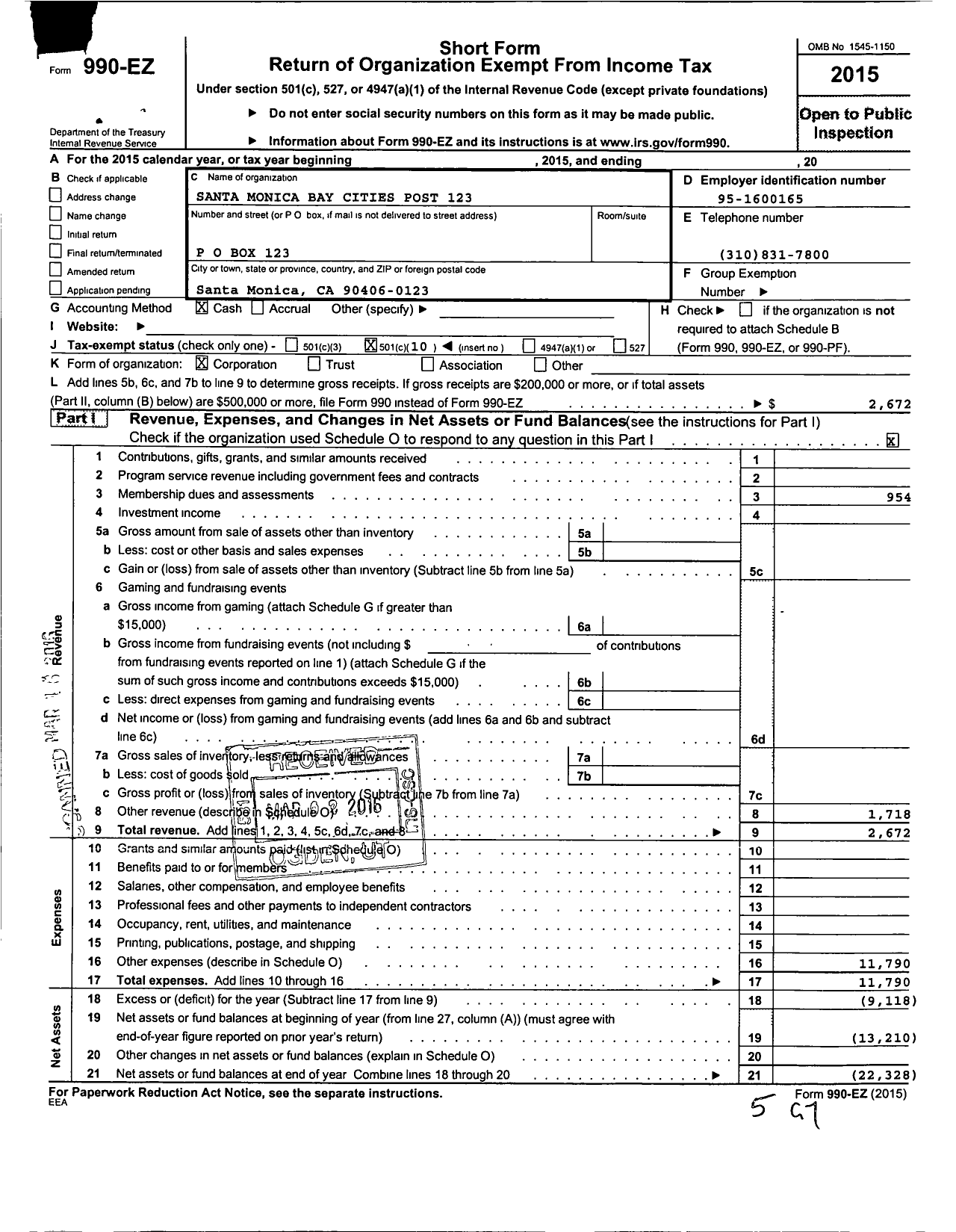 Image of first page of 2015 Form 990EO for American Legion - 123 Santa Monica Bay Cities Post