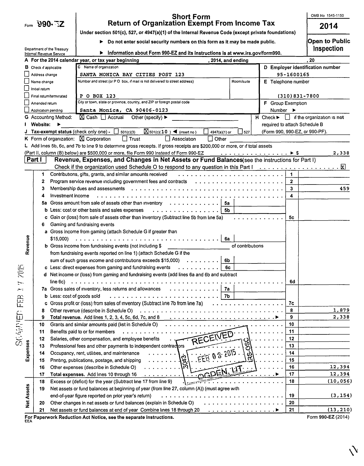 Image of first page of 2014 Form 990EO for American Legion - 123 Santa Monica Bay Cities Post