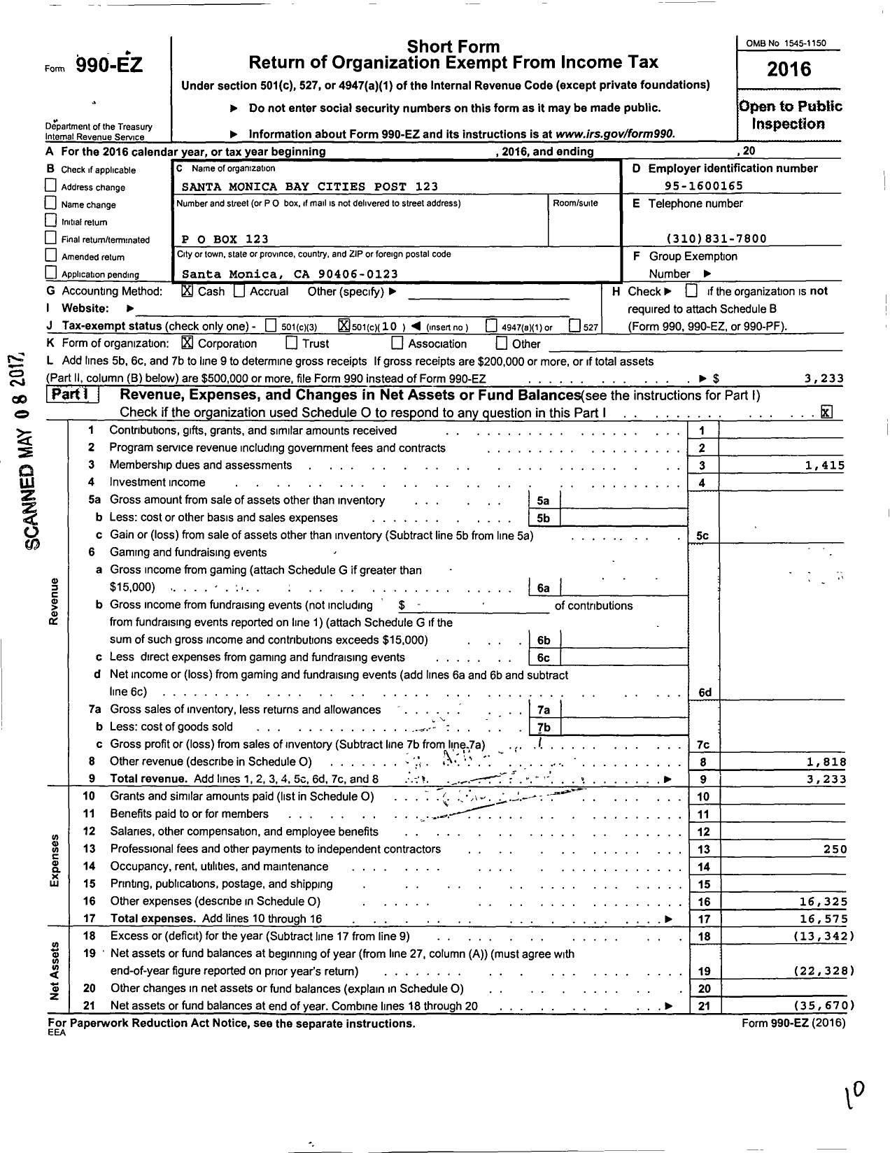 Image of first page of 2016 Form 990EO for American Legion - 123 Santa Monica Bay Cities Post