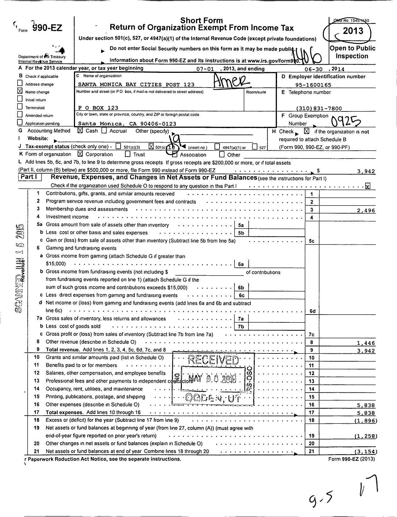 Image of first page of 2013 Form 990EO for American Legion - 123 Santa Monica Bay Cities Post