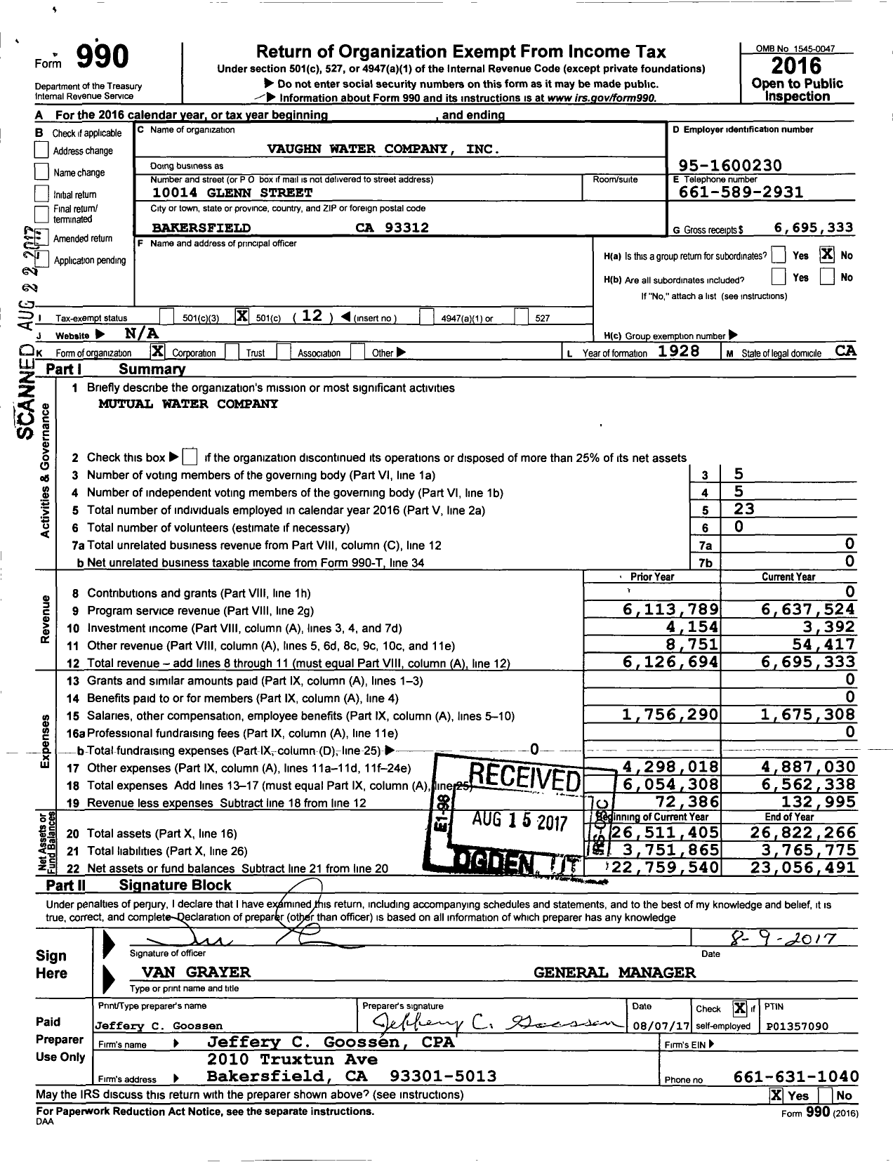 Image of first page of 2016 Form 990O for Vaughn Water Company