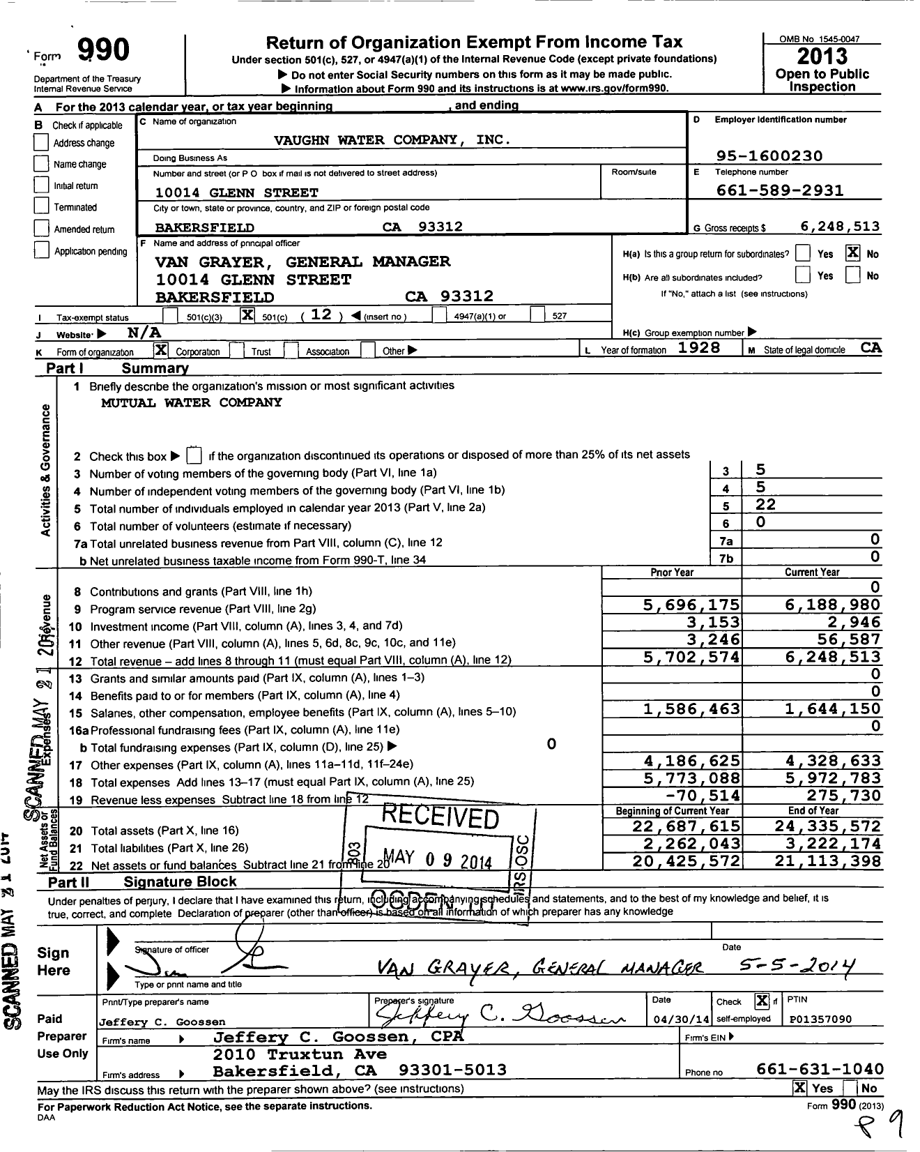 Image of first page of 2013 Form 990O for Vaughn Water Company