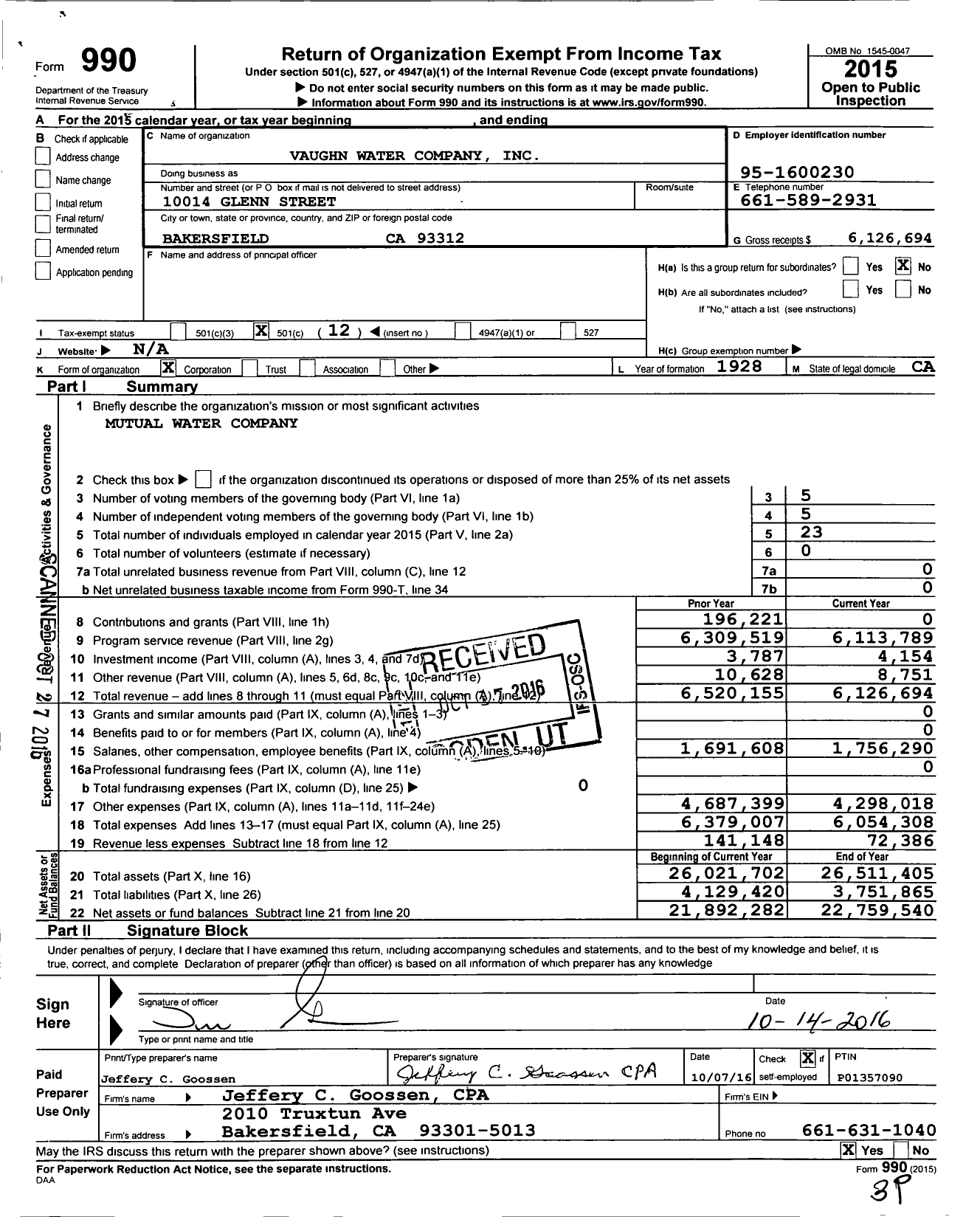 Image of first page of 2015 Form 990O for Vaughn Water Company