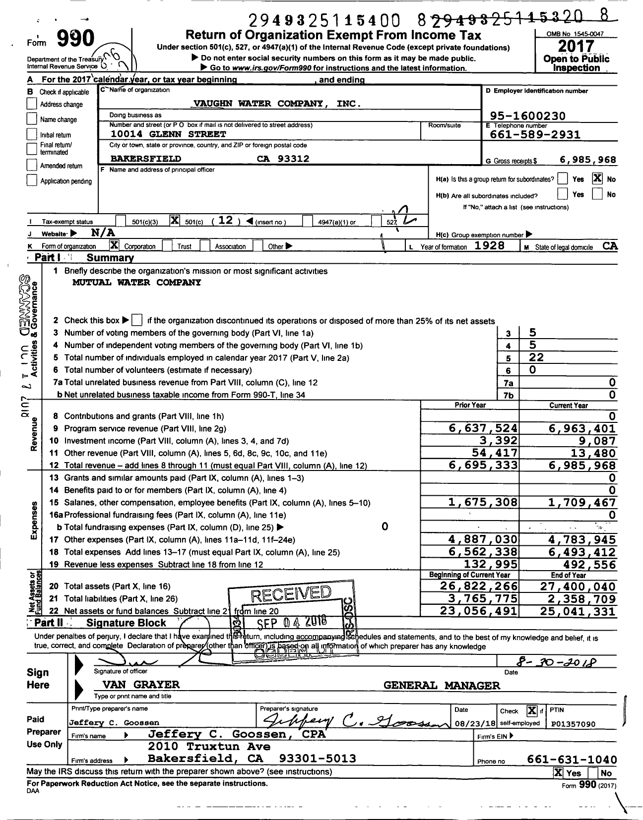 Image of first page of 2017 Form 990O for Vaughn Water Company