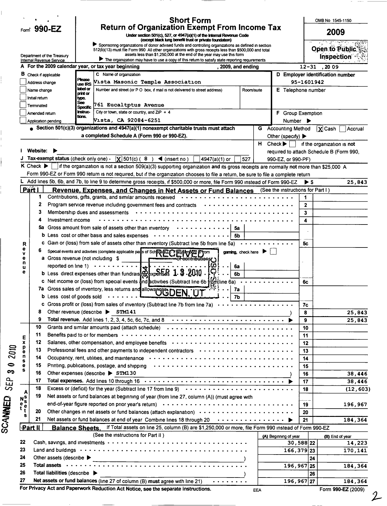 Image of first page of 2009 Form 990EO for Vista Masonic Temple Association