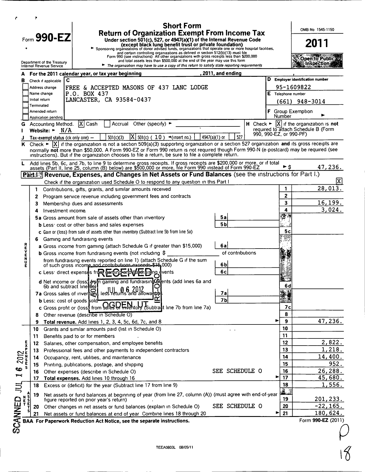 Image of first page of 2011 Form 990EO for Masons of California - Lancaster Lodge 437