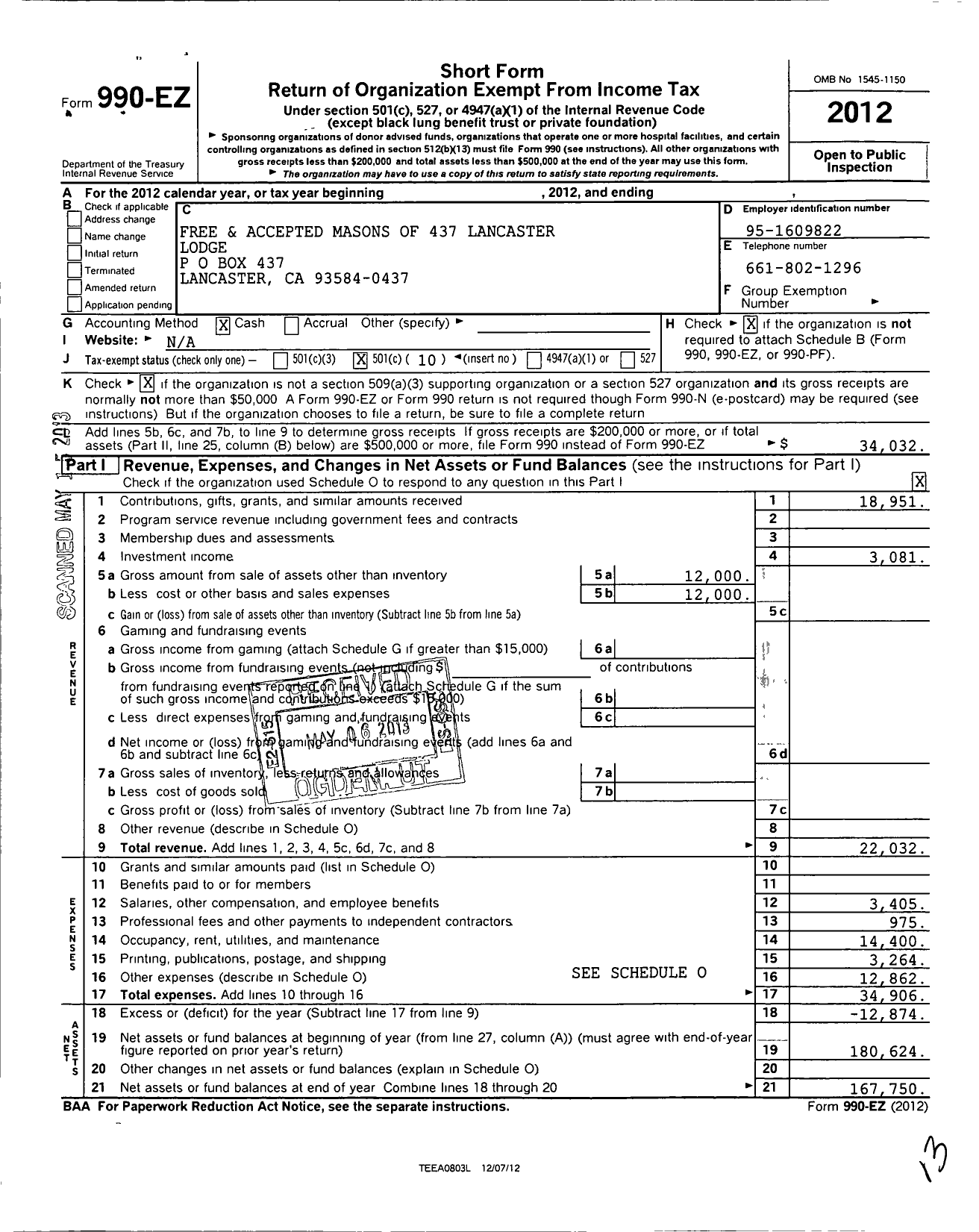 Image of first page of 2012 Form 990O for Masons of California - Lancaster Lodge 437