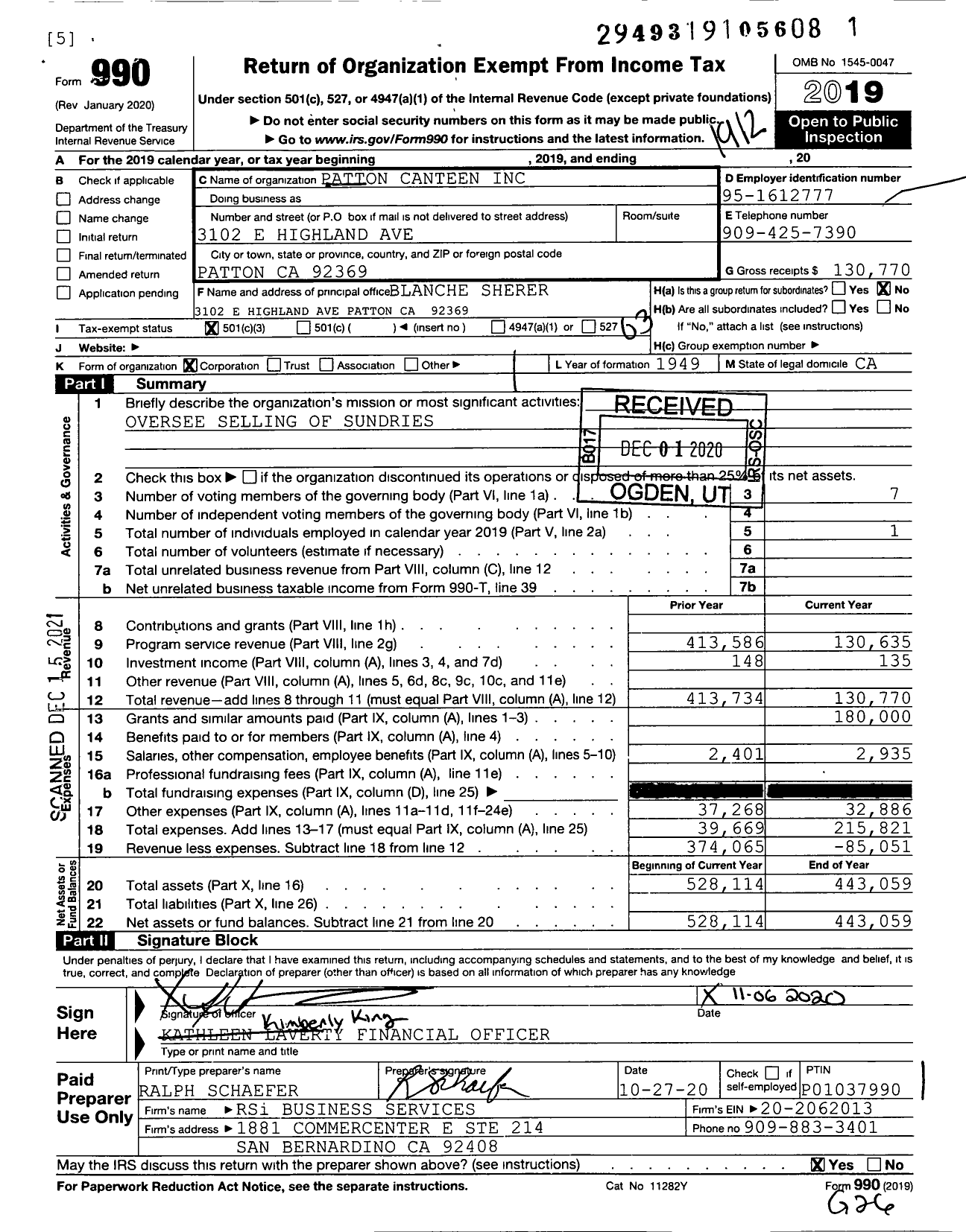 Image of first page of 2019 Form 990 for Patton Canteen