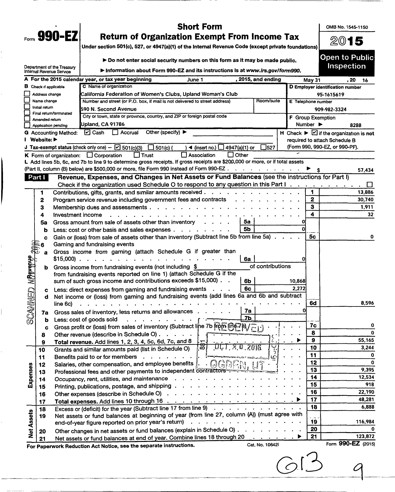 Image of first page of 2015 Form 990EZ for California Federation of Women's Clubs - Upland Womans Club