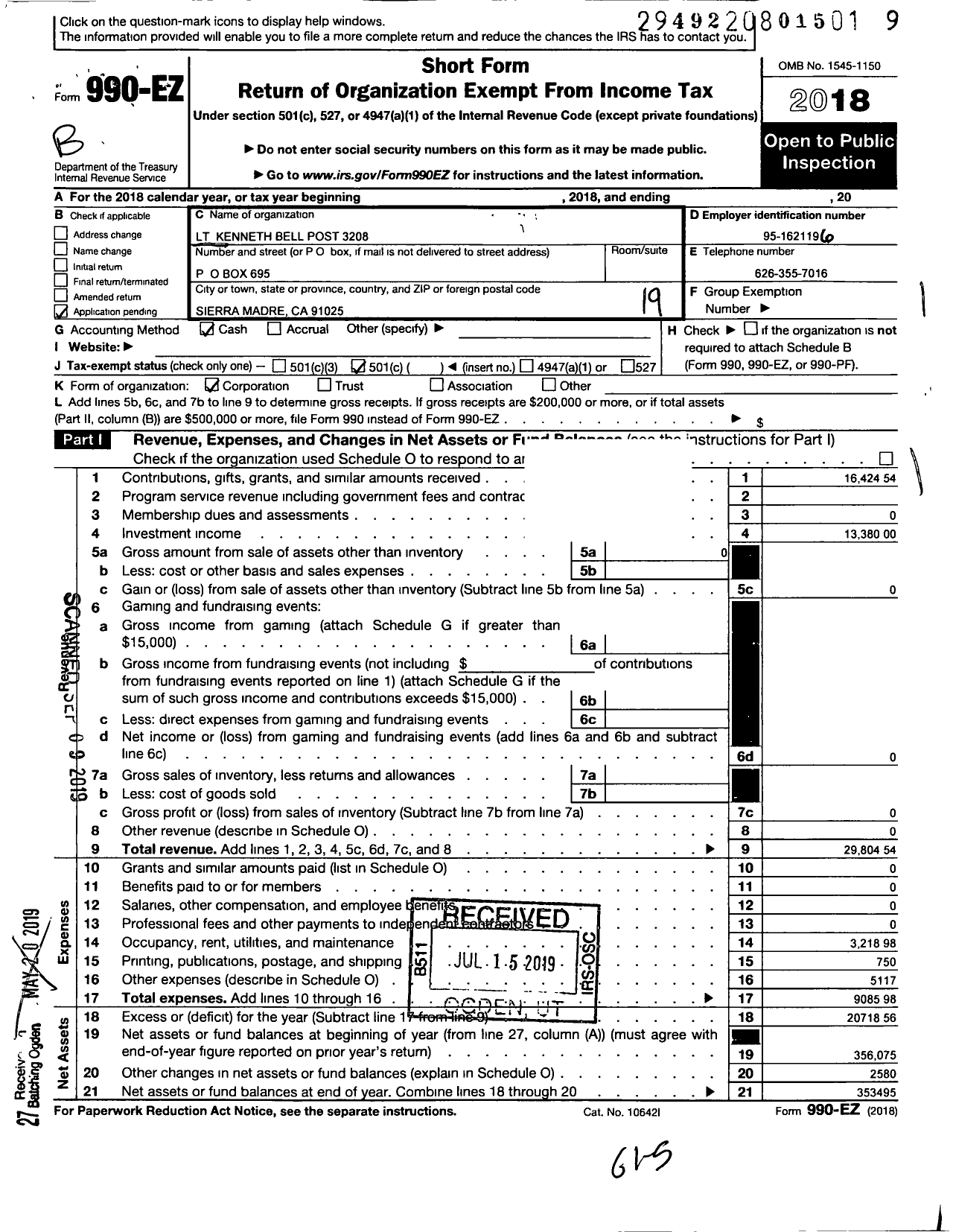 Image of first page of 2018 Form 990EO for VFW California Department - 3208 LT Kenneth Bell Post