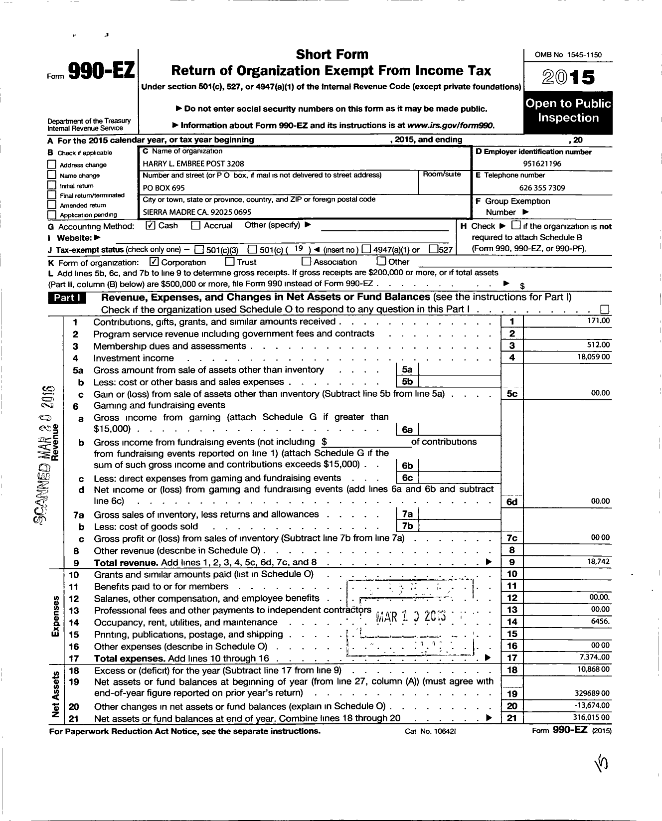 Image of first page of 2015 Form 990EO for VFW California Department - 3208 LT Kenneth Bell Post