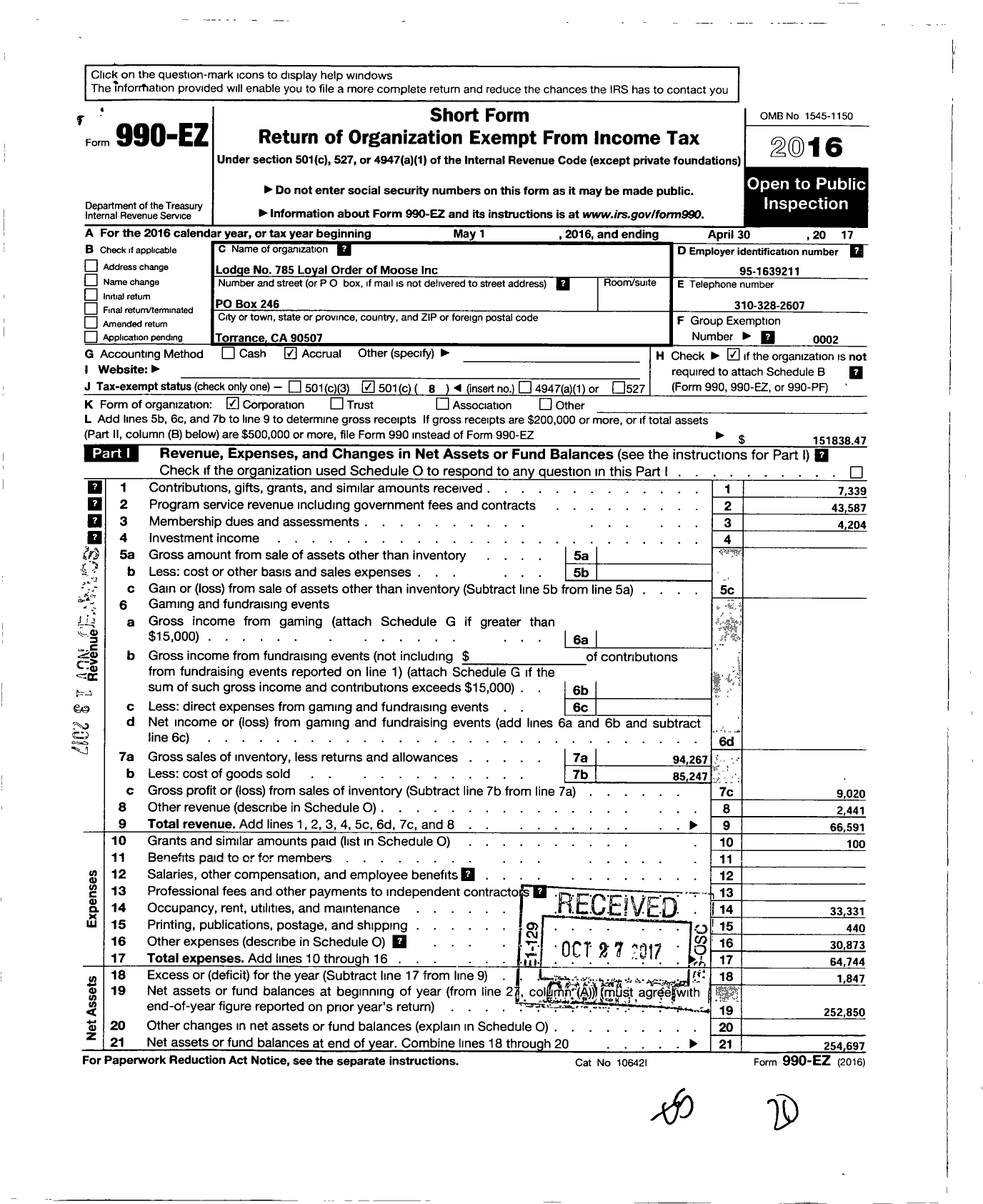 Image of first page of 2016 Form 990EO for Torrance Moose Lodge 785 Loyal Order of Moose