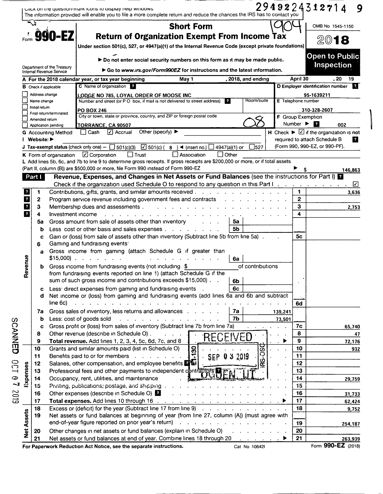 Image of first page of 2018 Form 990EO for Torrance Moose Lodge 785 Loyal Order of Moose