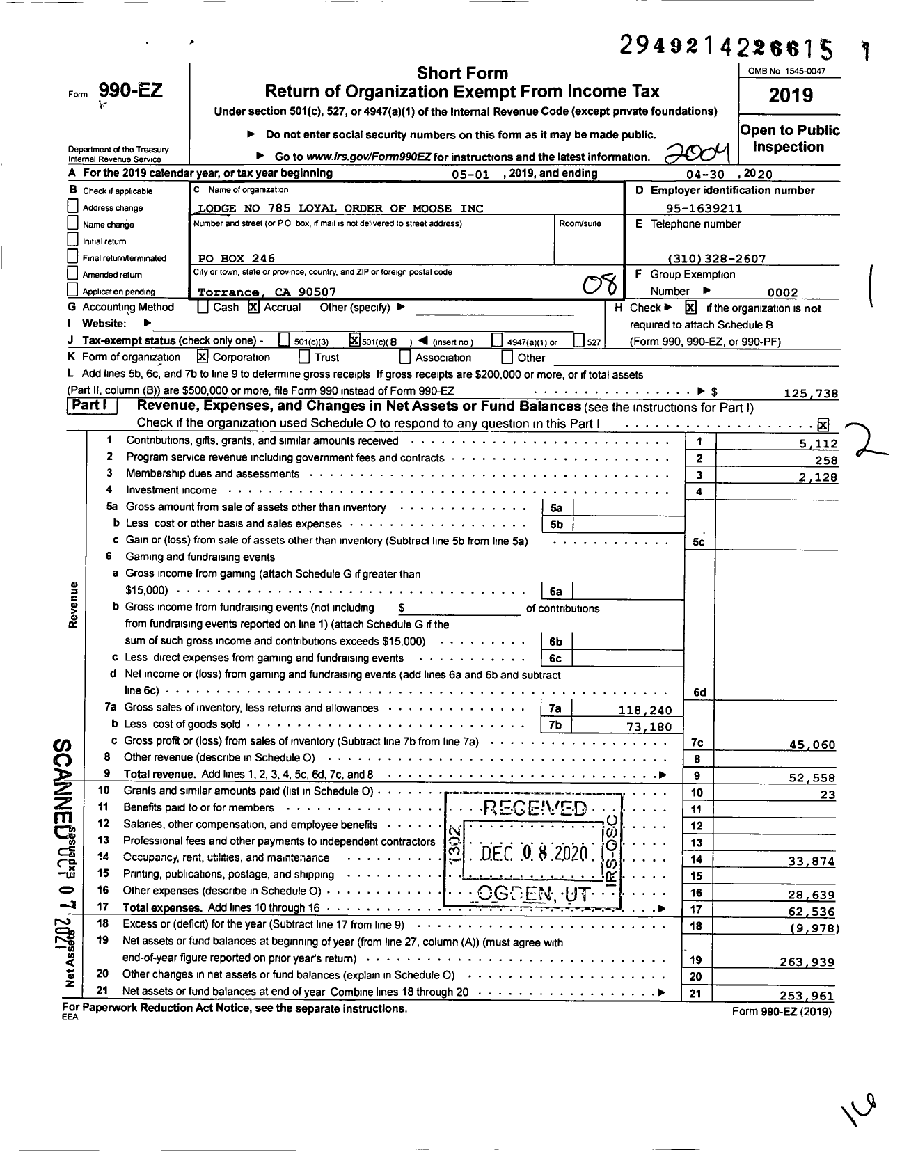 Image of first page of 2019 Form 990EO for Torrance Moose Lodge 785 Loyal Order of Moose