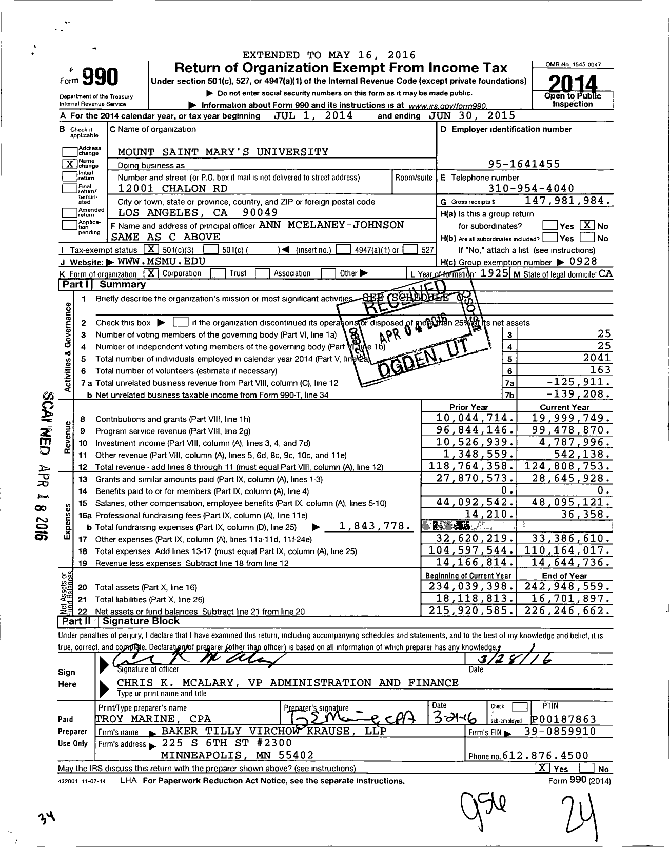 Image of first page of 2014 Form 990 for Mount Saint Mary's University