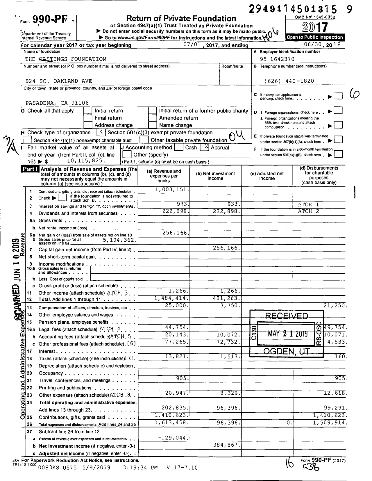 Image of first page of 2017 Form 990PF for The Hastings Foundation