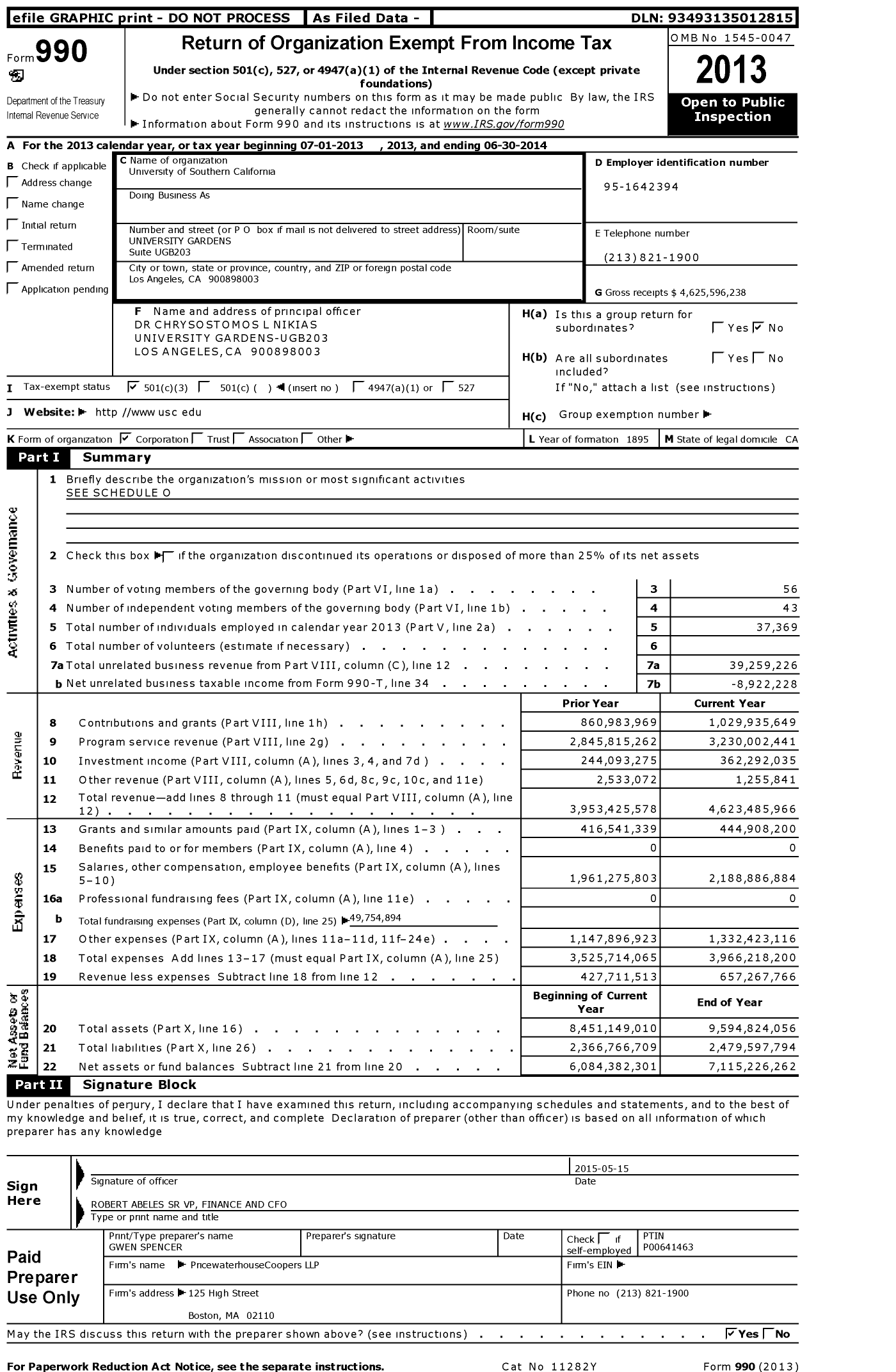 Image of first page of 2013 Form 990 for University of Southern California (USC)
